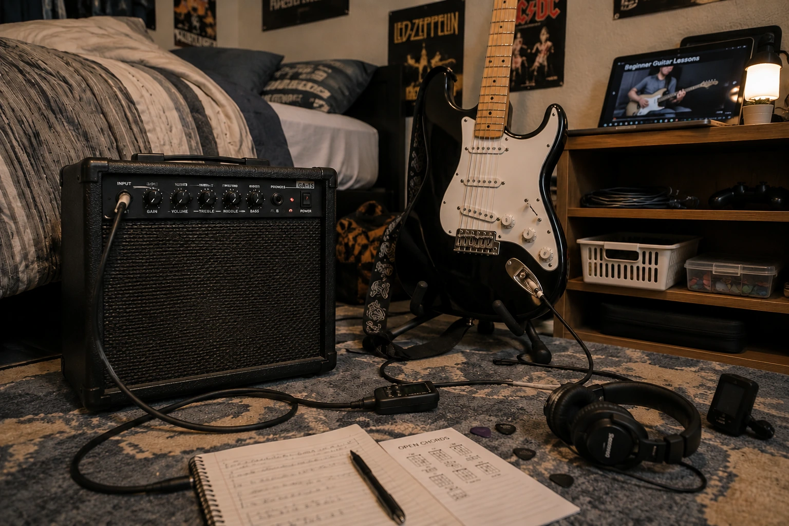 Electric guitar amp for beginners in a bedroom practice setup with electric guitar and cable