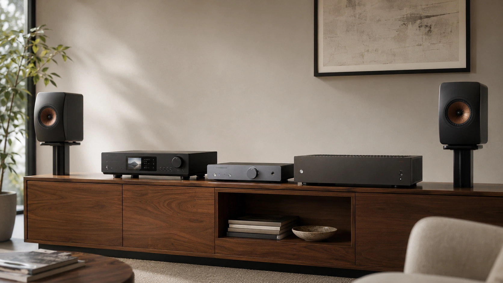 Cambridge Audio Duo preamplifier positioned between a network streamer and stereo power amplifier in a modern home hi-fi signal chain