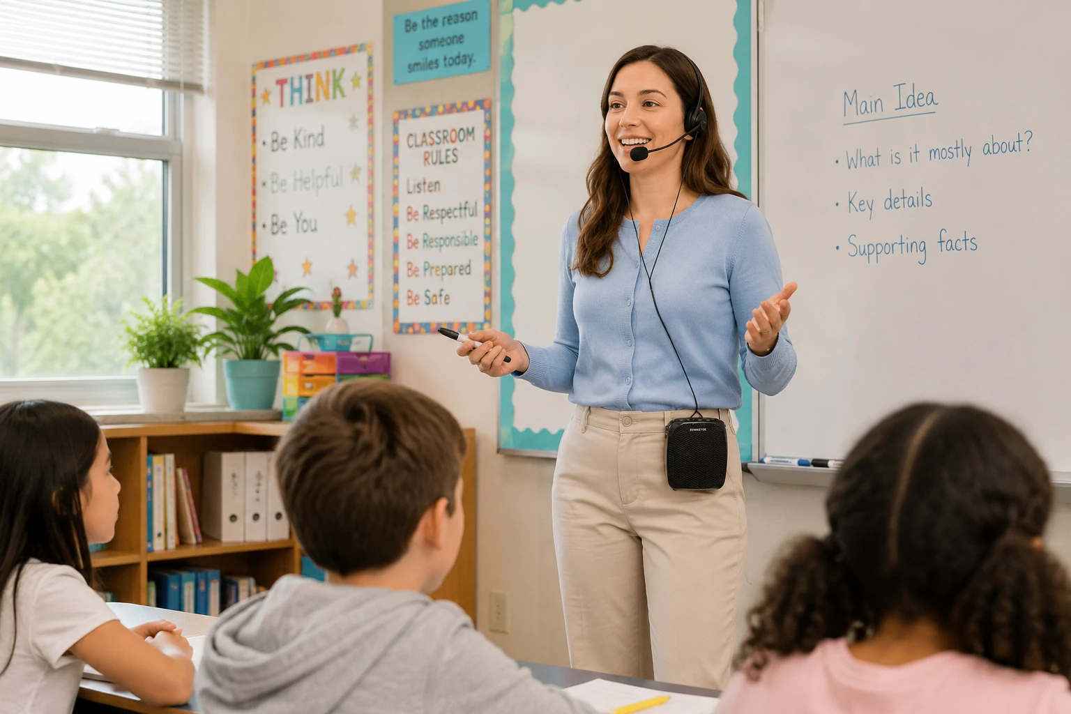 Teacher using the Zoweetek ZW-Z258 wired voice amplifier with headset microphone while teaching in a classroom