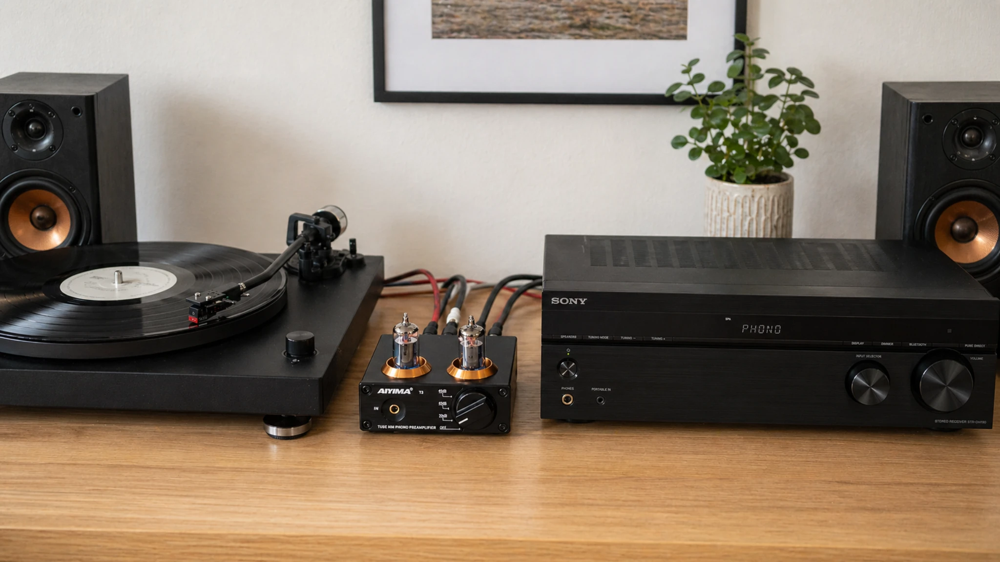 Sony STR-DH190 stereo receiver in a vinyl and bookshelf speaker home audio setup