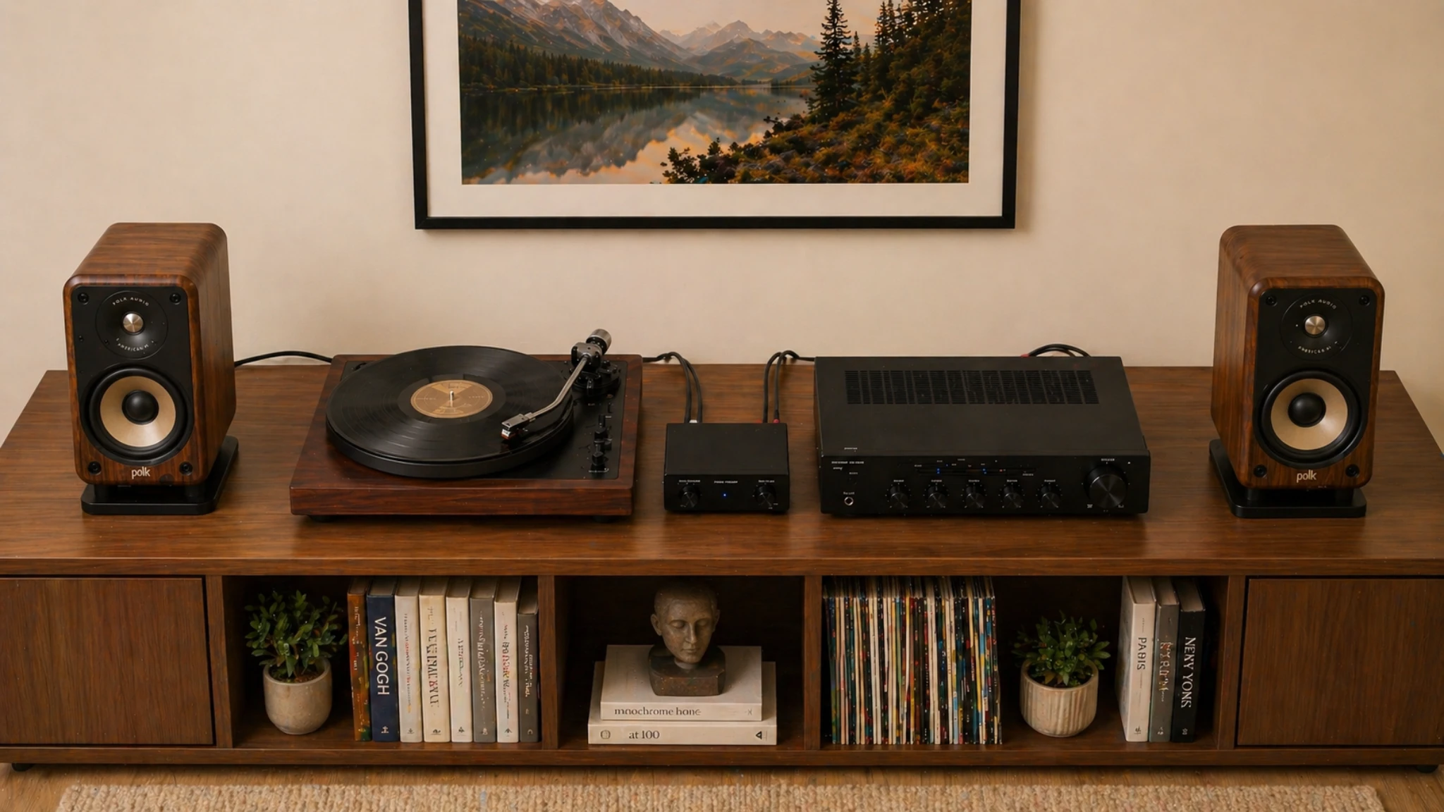 Turntable connected to phono preamp and amplifier with bookshelf speakers in a clean vinyl signal chain setup