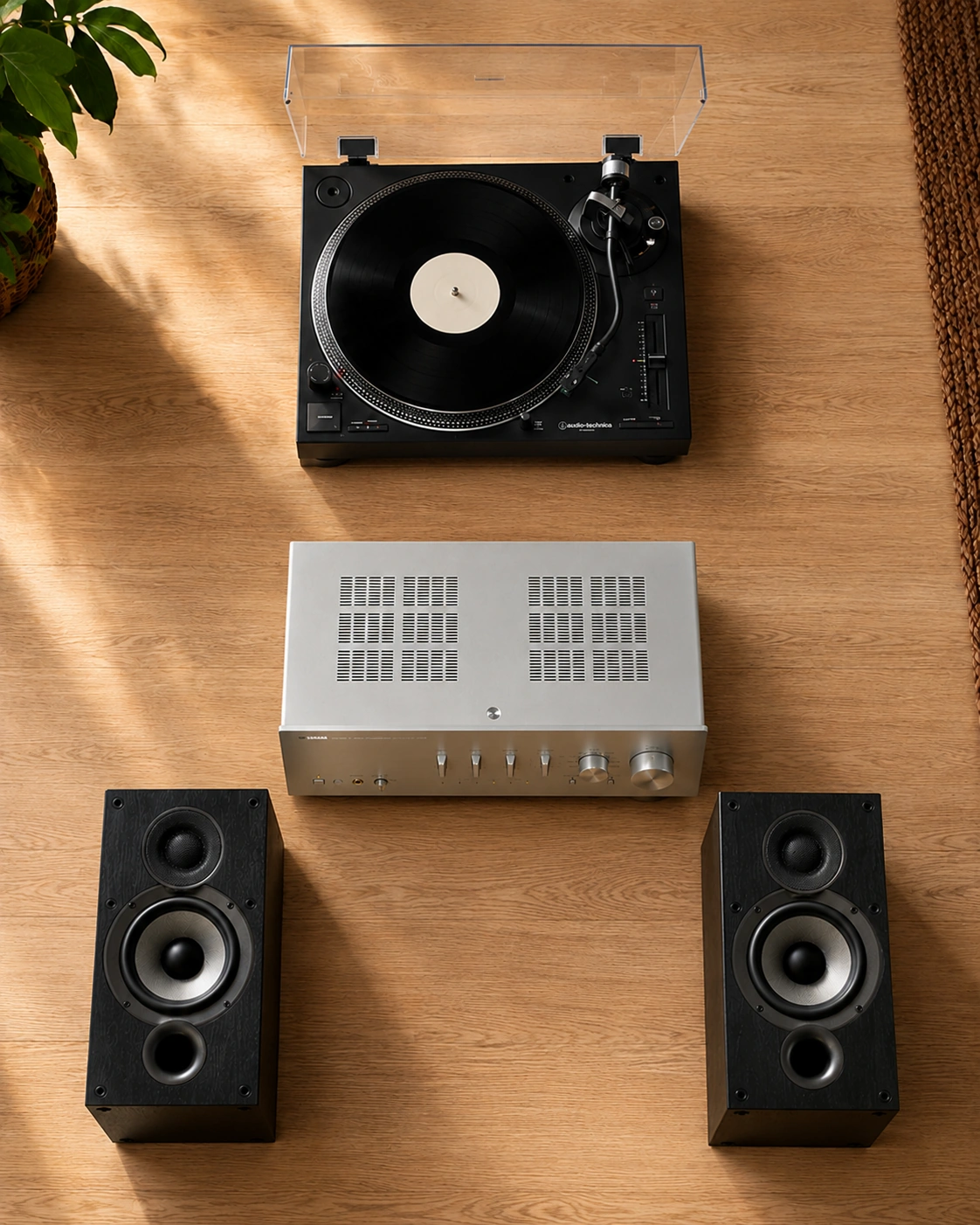 Flat lay of home audio signal path showing Audio-Technica turntable, Yamaha amplifier, and ELAC speakers