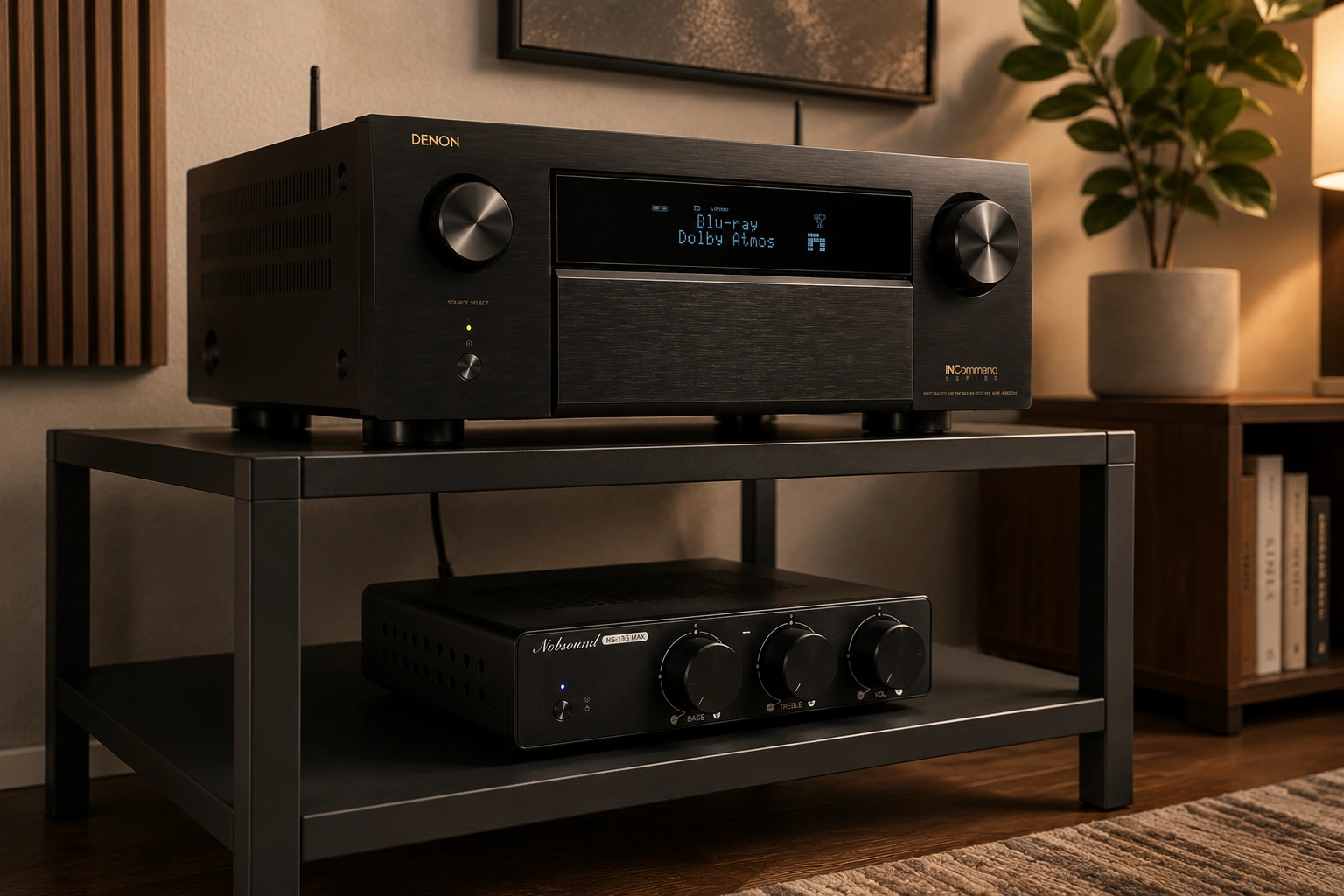 Home theater rack setup showing AV receiver and separate stereo power amplifier connected together