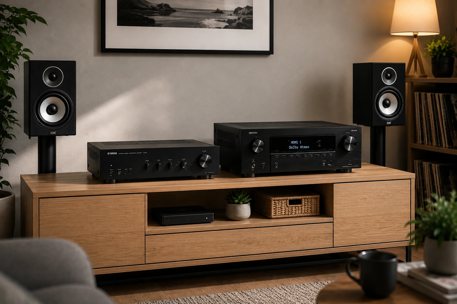Stereo amplifier and AV receiver side by side on a media unit in a home audio setup