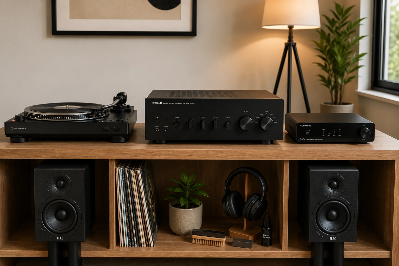 Integrated stereo amplifier in a home audio setup with turntable, DAC, and bookshelf speakers