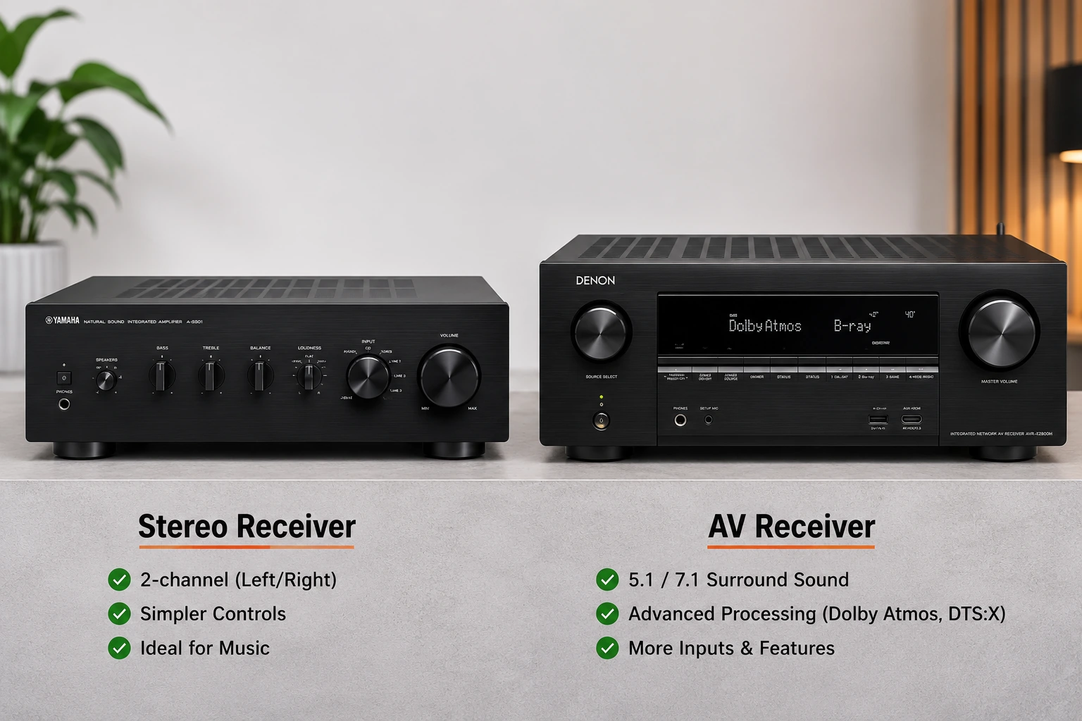Stereo receiver and AV receiver shown together highlighting design and connectivity differences