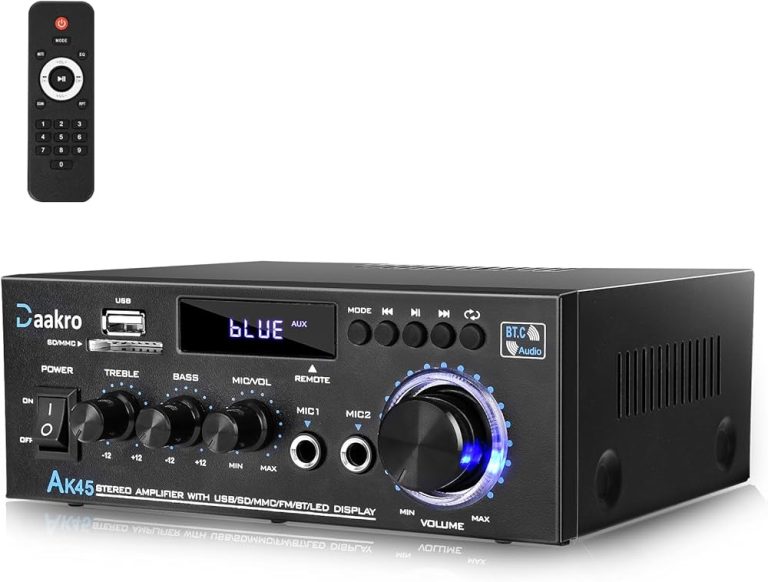 Daakro AK45 Bluetooth stereo amplifier with LED display, USB port, and tone controls