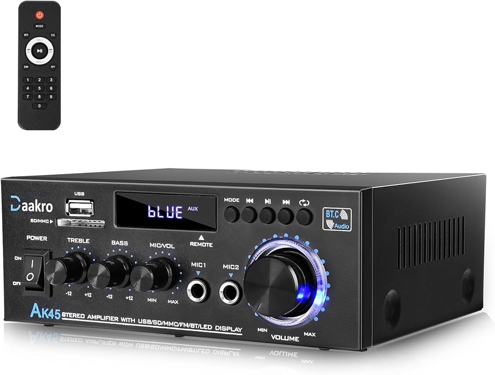 Daakro AK45 Bluetooth stereo amplifier with LED display, USB port, and tone controls