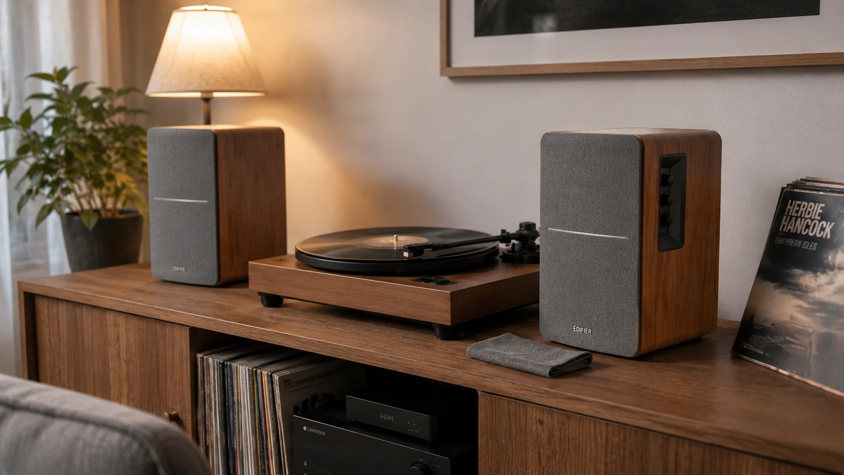 Edifier R1280T powered bookshelf speakers in a compact vinyl listening corner with turntable and walnut media console