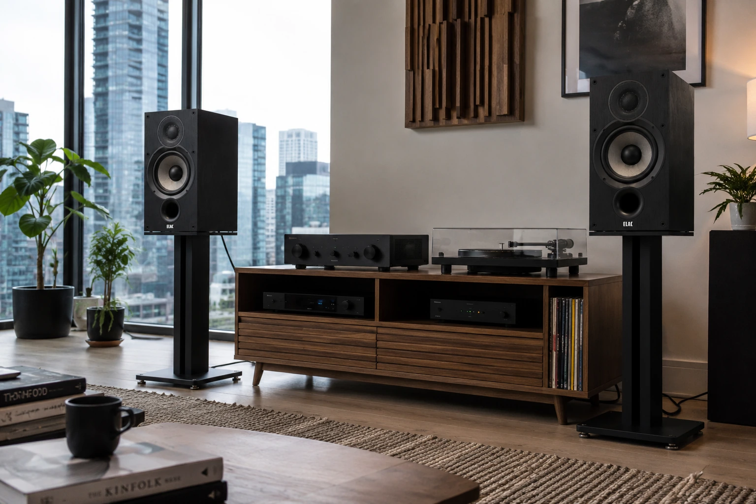 ELAC Debut 2.0 B6.2 bookshelf speakers in a modern penthouse listening room with turntable and stereo amplifier