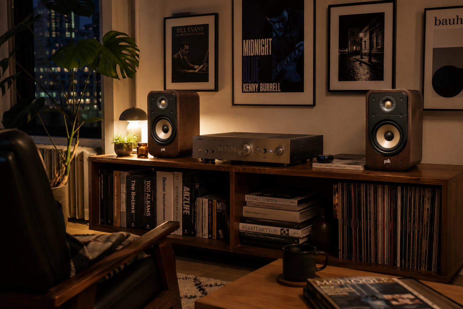 Polk Audio Signature Elite ES20 Walnut bookshelf speakers on a walnut media console in a cozy audiophile listening room