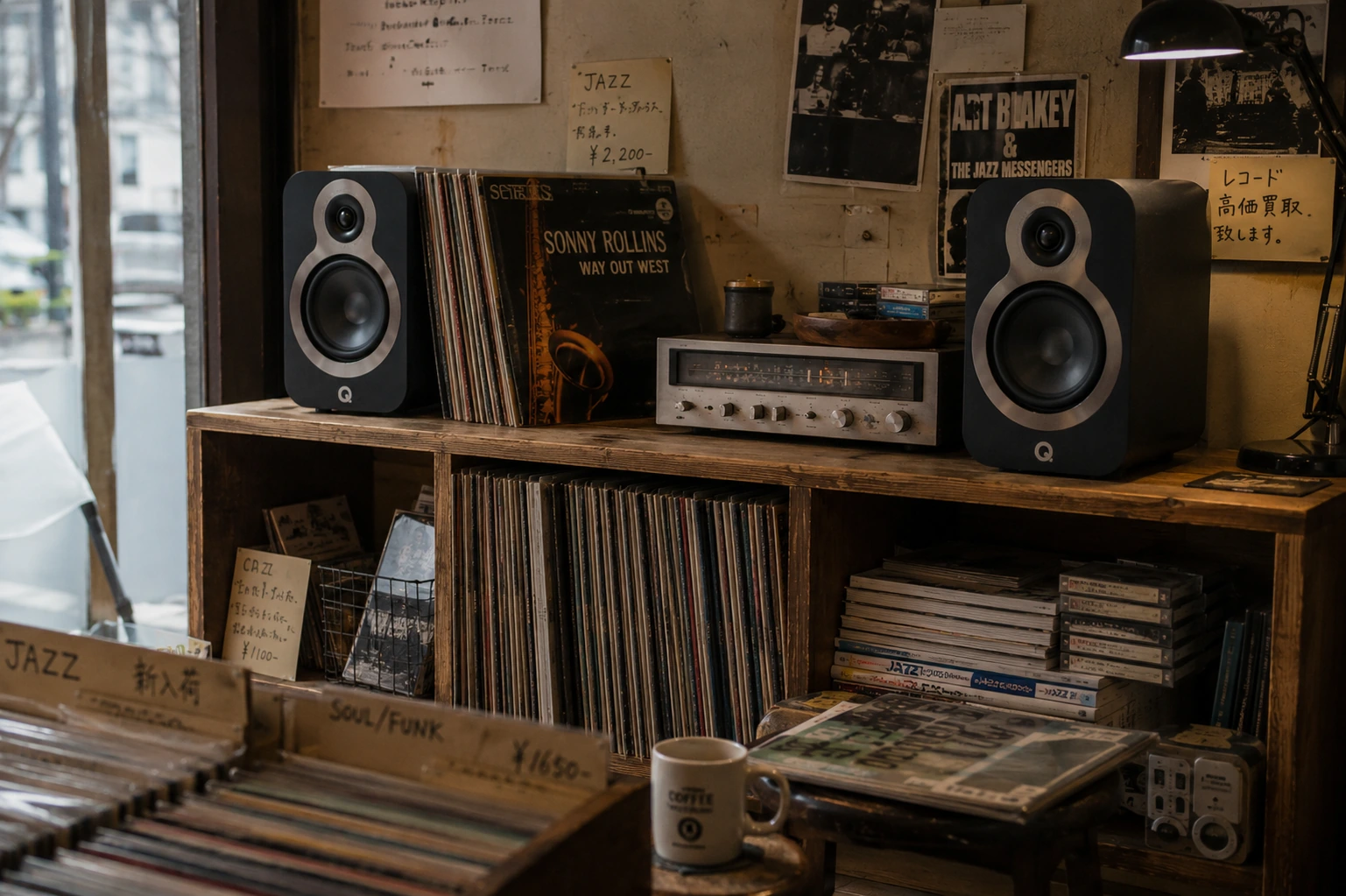Q Acoustics 3020c bookshelf speakers inside a vintage-inspired vinyl record store listening corner
