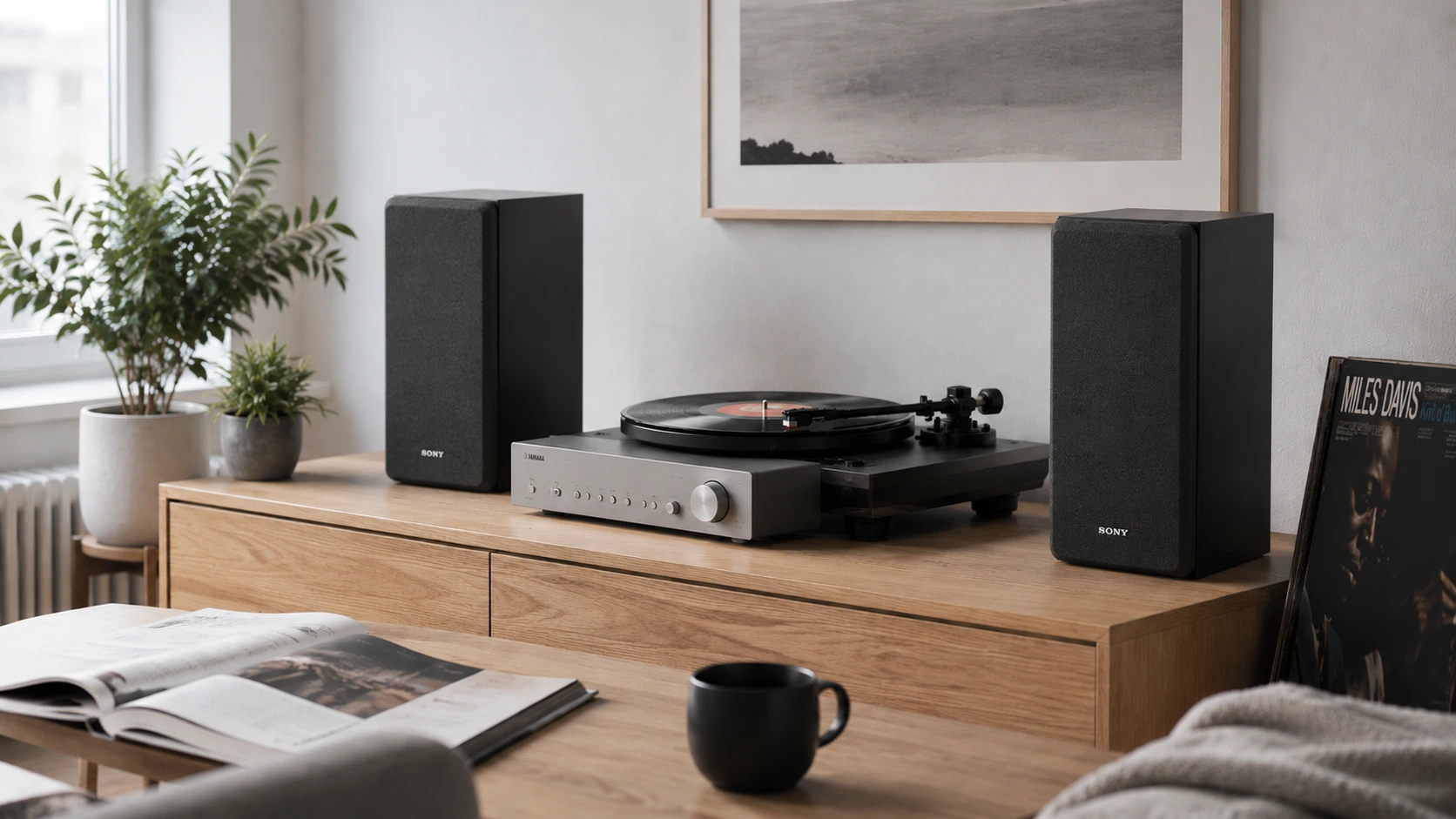 Sony SS-CS5 bookshelf speakers in a Scandinavian-inspired home audio listening room with turntable and stereo amplifier