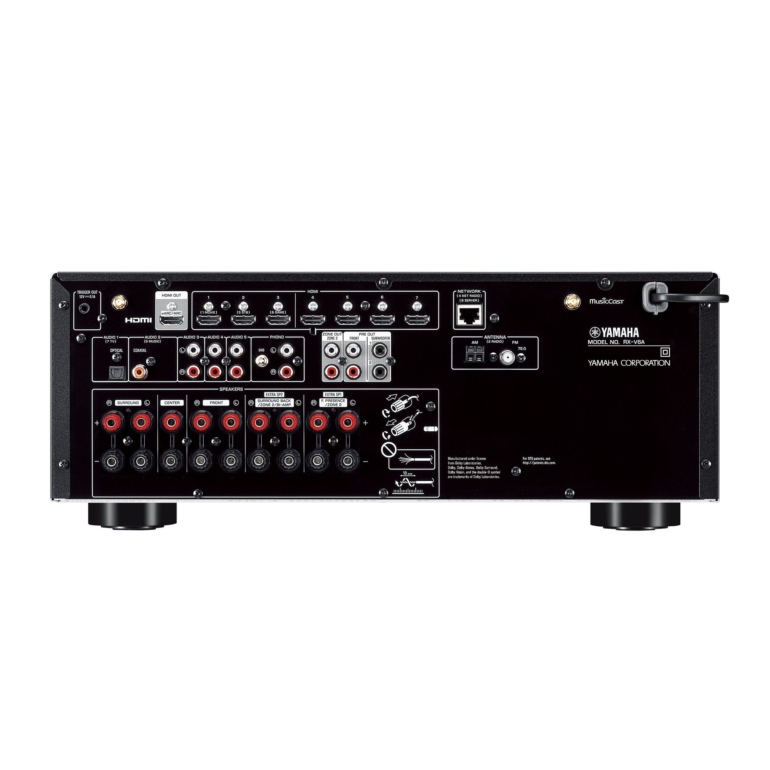Yamaha RX-V6A rear panel showing HDMI ports, speaker terminals, and network inputs