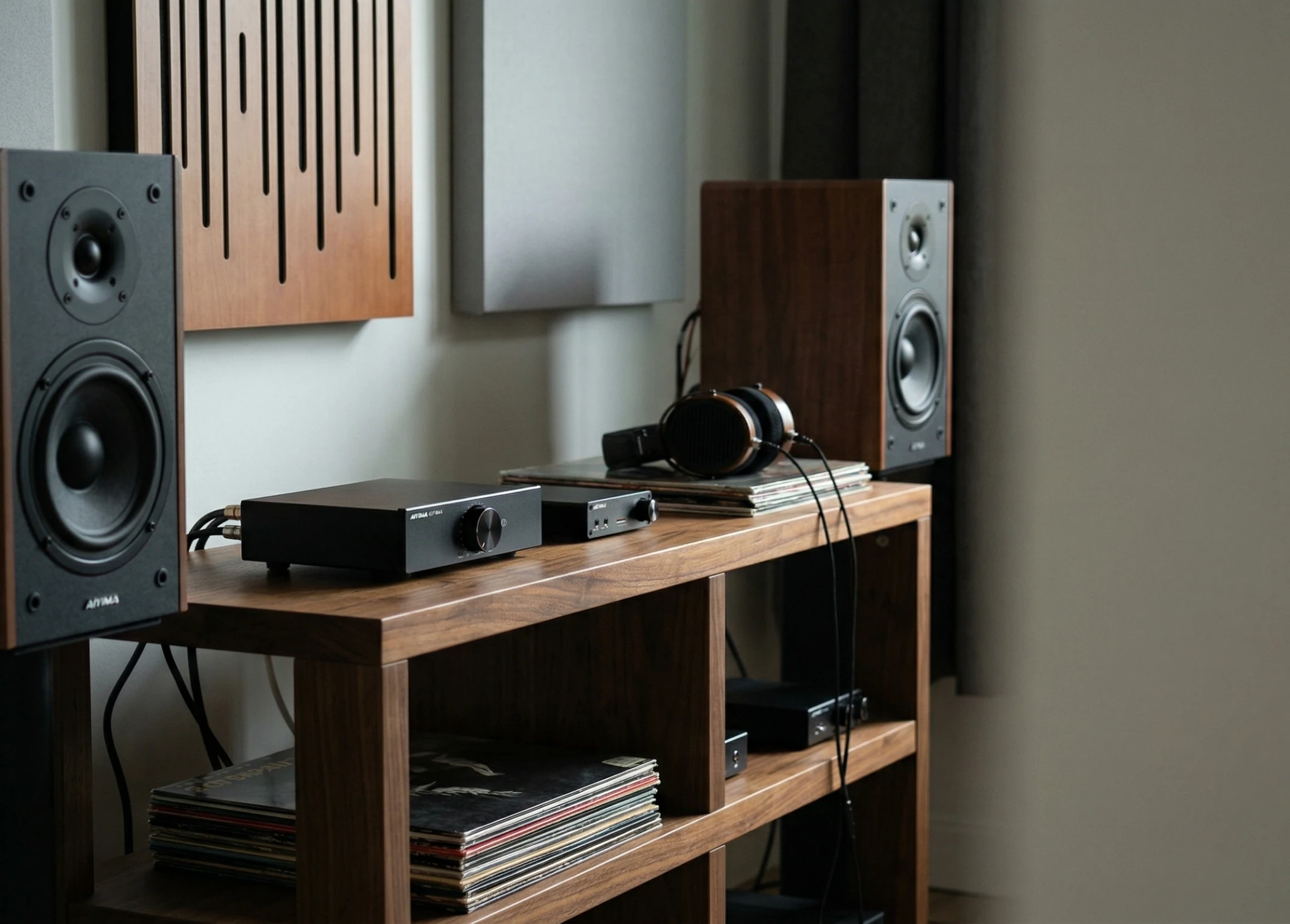 Aiyima A07 MAX power amplifier in a minimal high-performance audio setup with bookshelf speakers