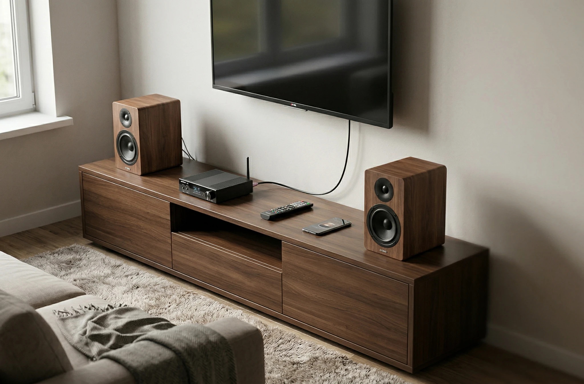 Aiyima D03 Bluetooth DAC amplifier connected to a TV in a modern living room setup