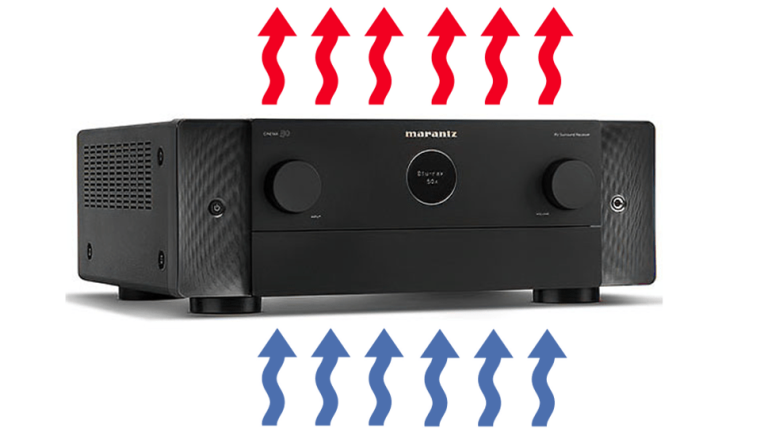 Marantz amplifier with arrows illustrating common amplifier overheating problems