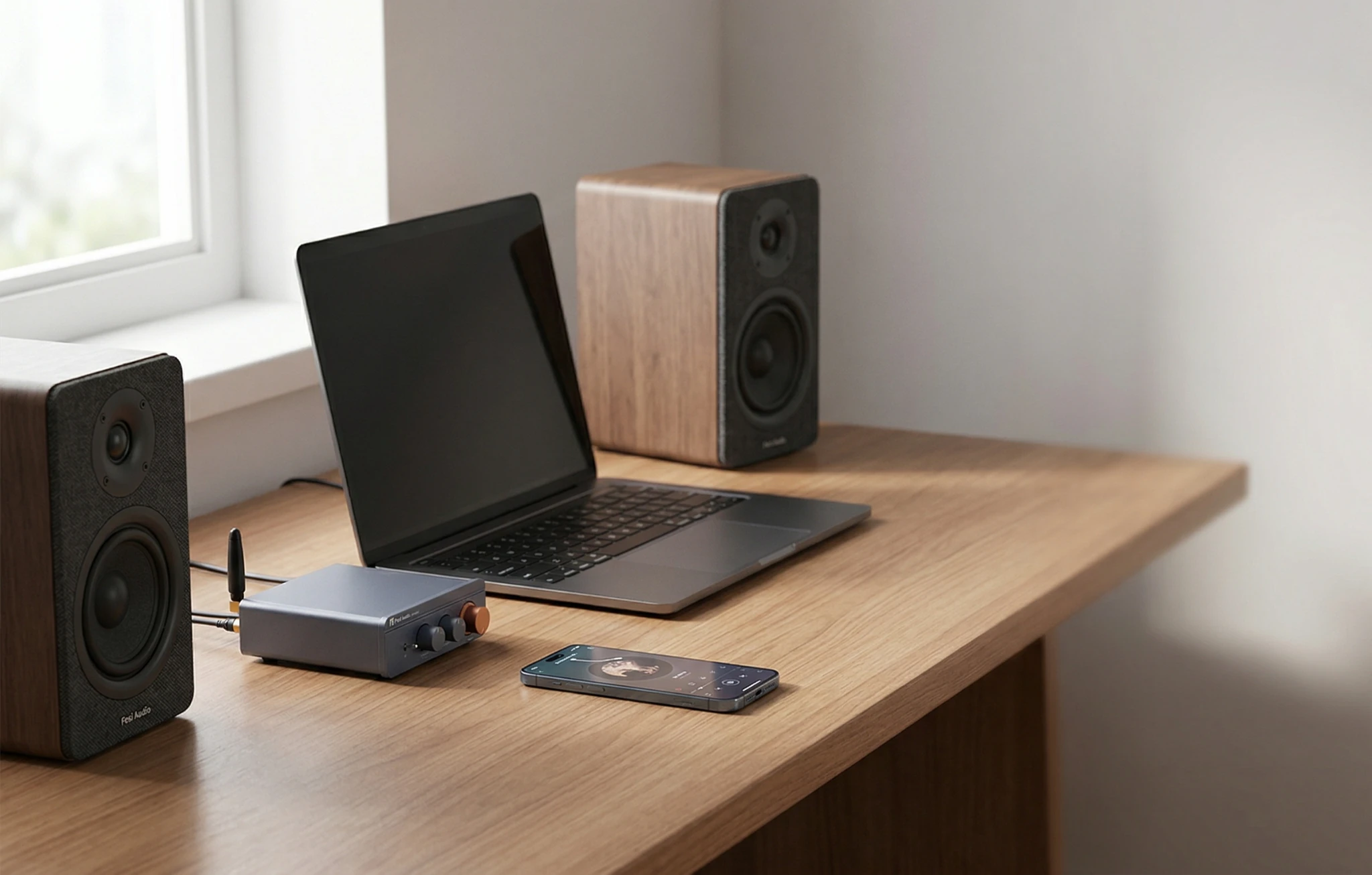 Fosi Audio BT20A Pro compact Bluetooth amplifier in a clean desktop audio setup