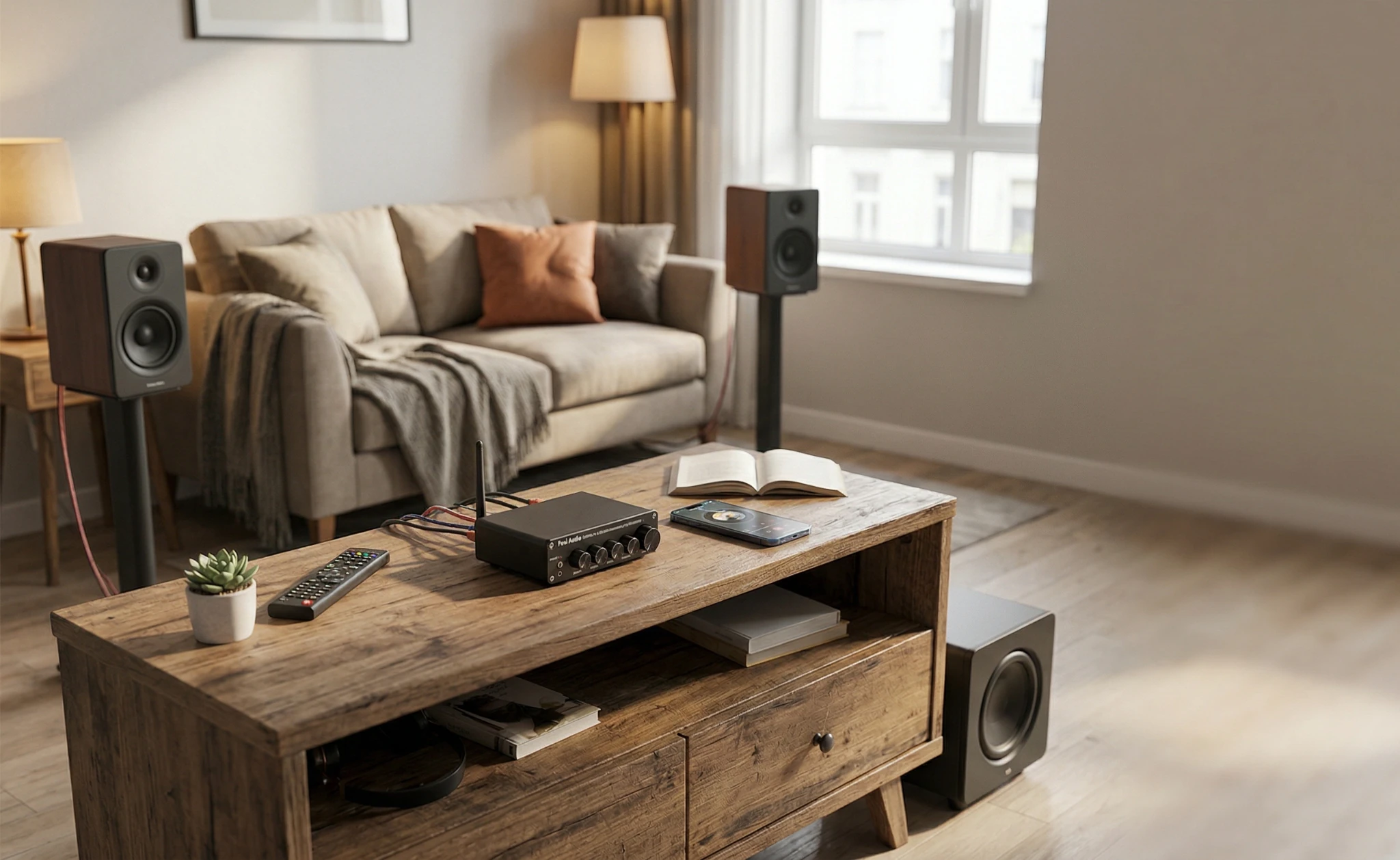 Fosi Audio BT30D 2.1 amplifier with bookshelf speakers and subwoofer in a cozy living room