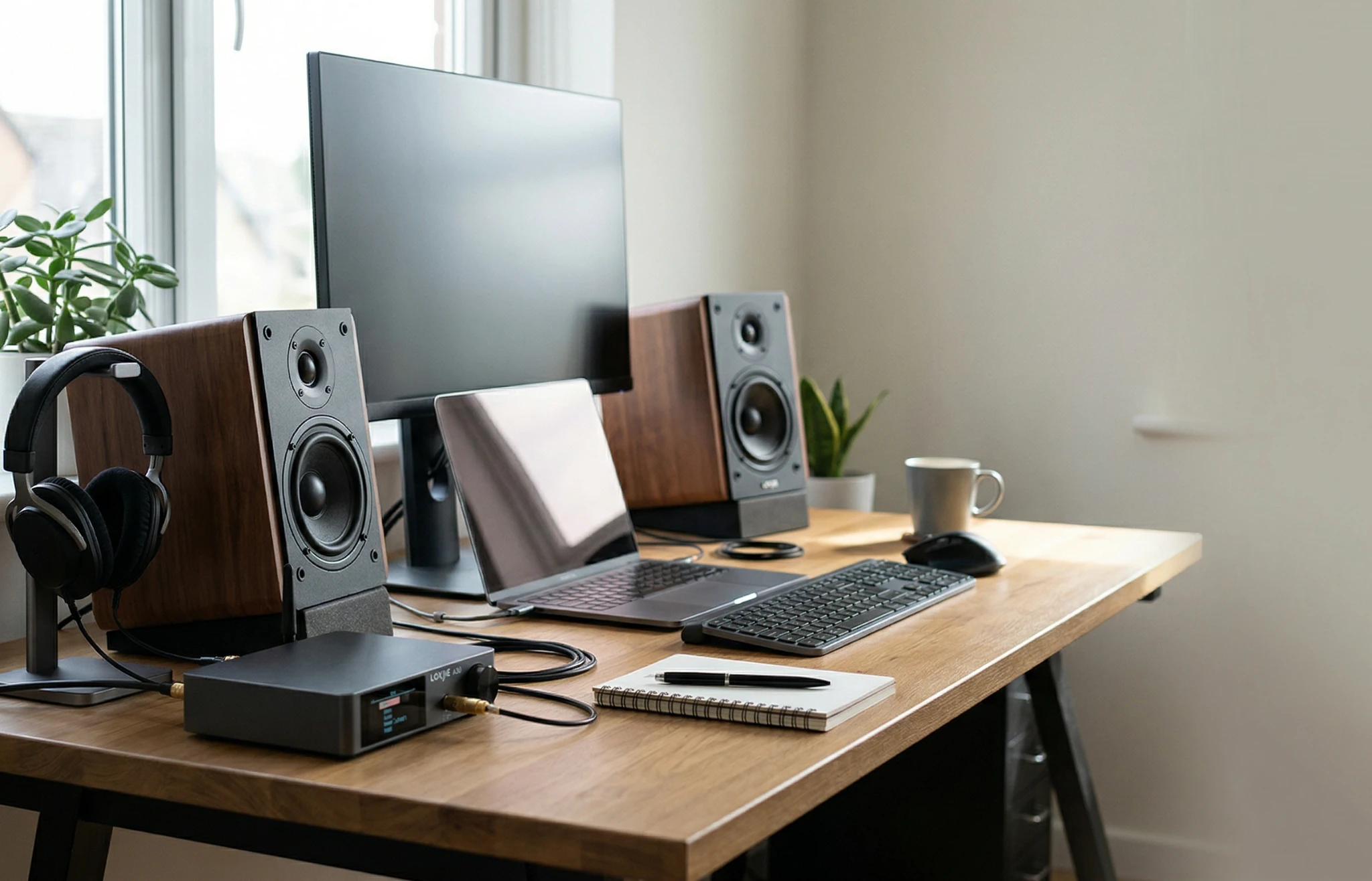 Loxjie A30 compact DAC amplifier in a clean audiophile desk setup with bookshelf speakers and laptop