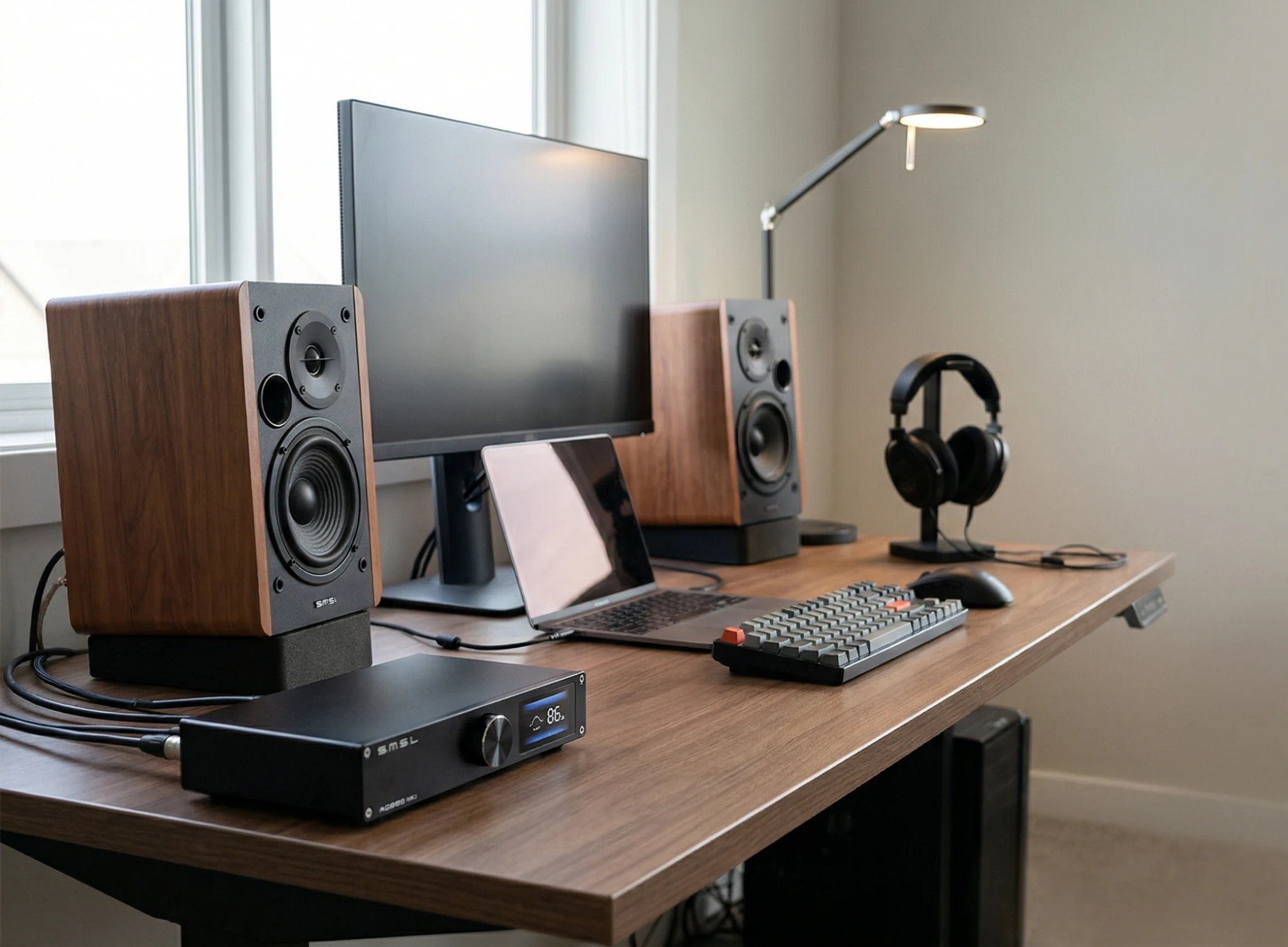 SMSL AO200 MKII amplifier in a hybrid desk setup with speakers, monitor, and headphones