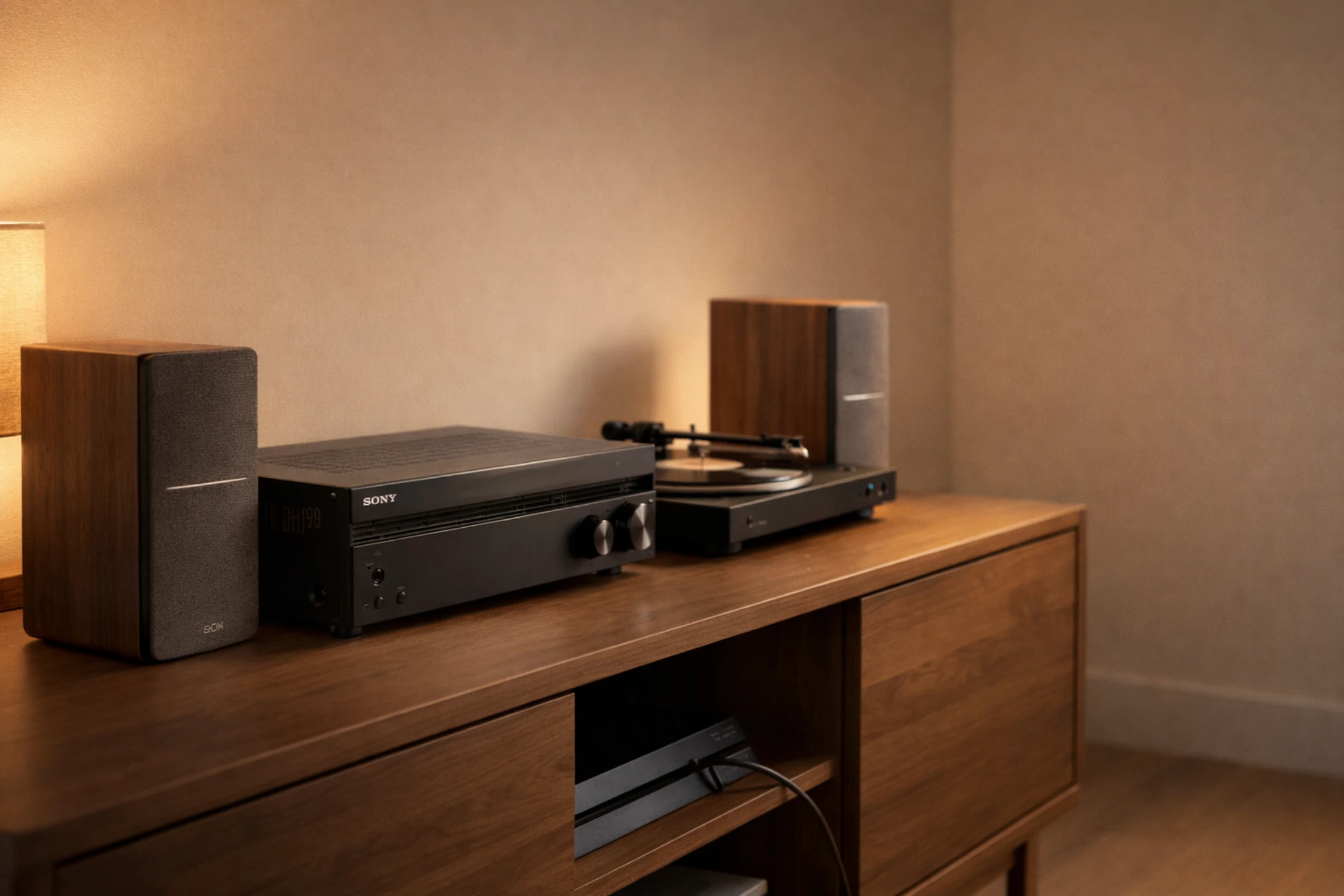 Sony STR-DH190 stereo receiver with turntable and bookshelf speakers in a warm living room setup