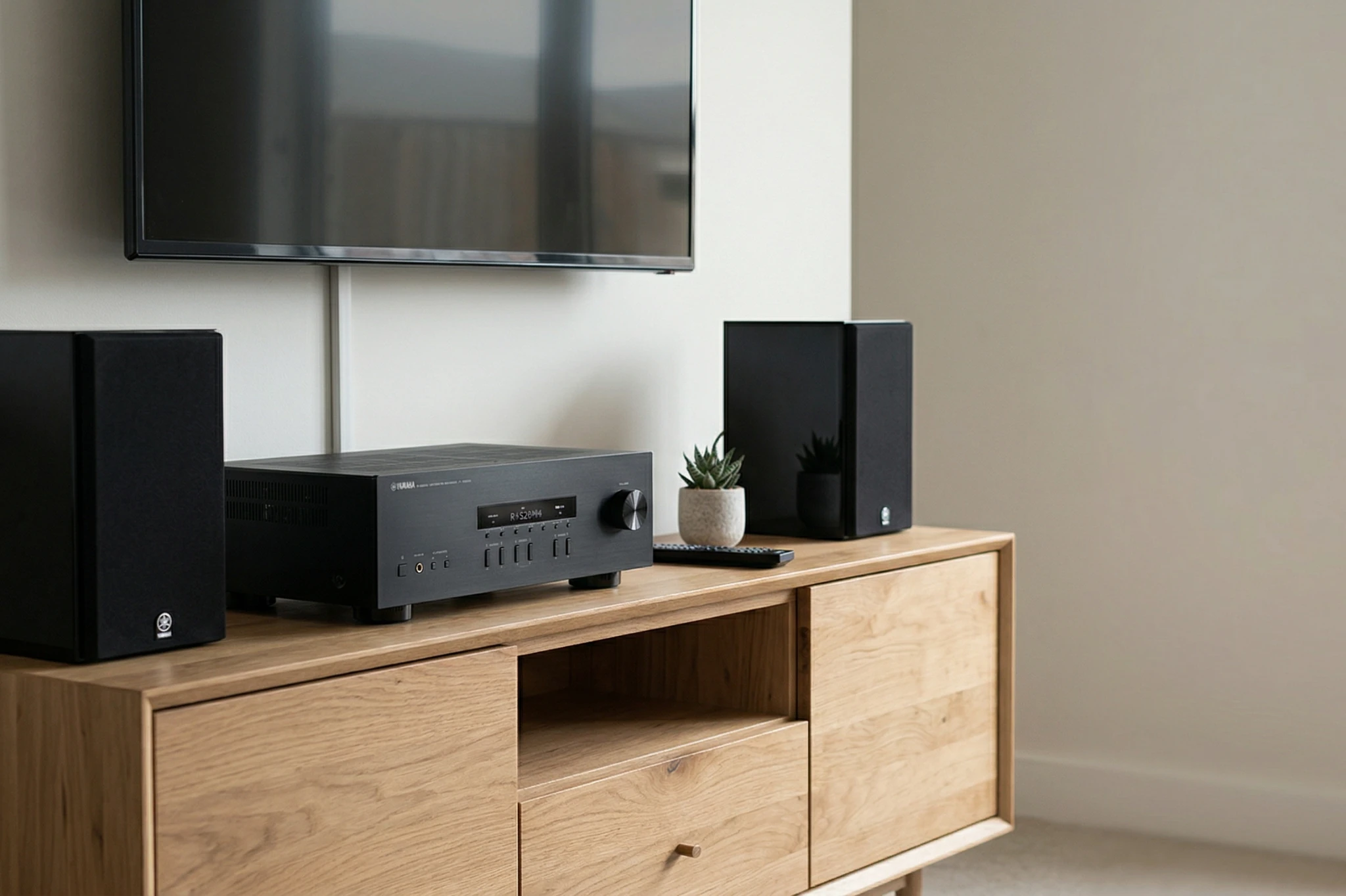 Yamaha R-S202BL stereo receiver on a modern TV console with bookshelf speakers