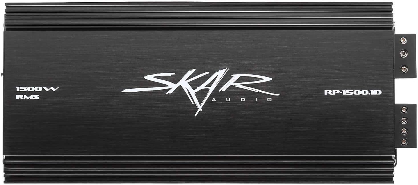Skar Audio RP-1500.1D Class D monoblock car amplifier front view showing terminals and controls
