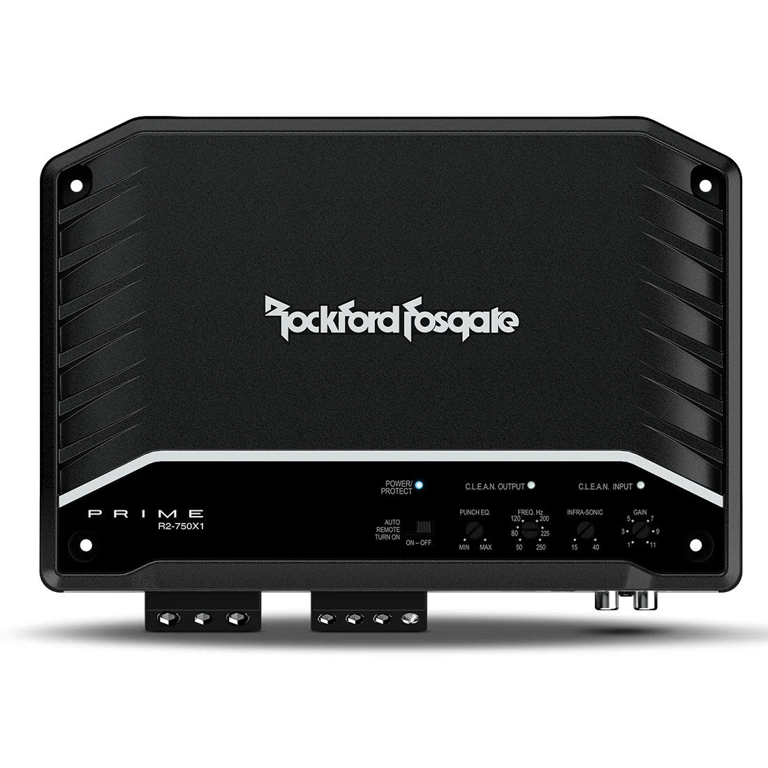 Rockford Fosgate R2-750X1 mono amplifier top panel and controls