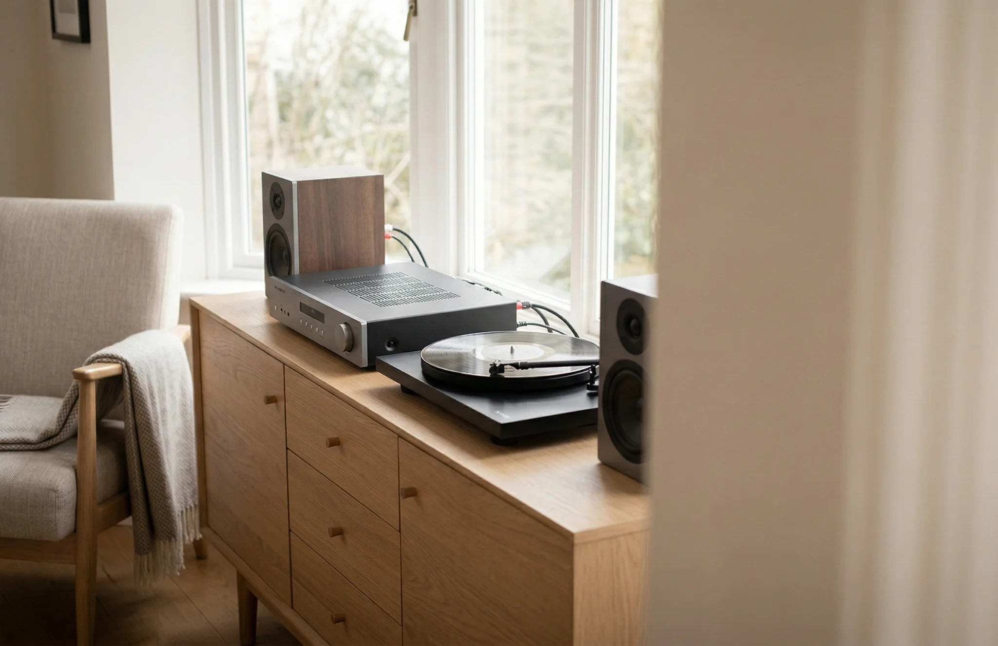 Cambridge Audio AXA35 review — compact integrated amplifier in a minimalist desk setup with nearfield speakers and turntable