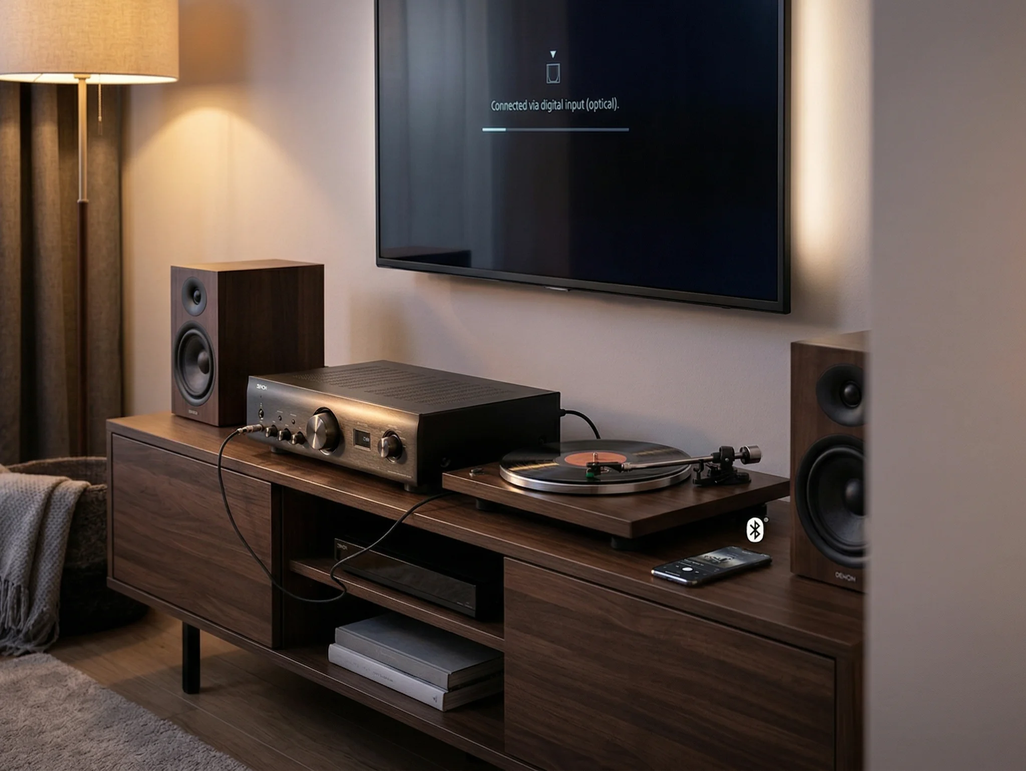 Denon PMA-600NE review — integrated amplifier in a modern home setup with TV, bookshelf speakers, and turntable