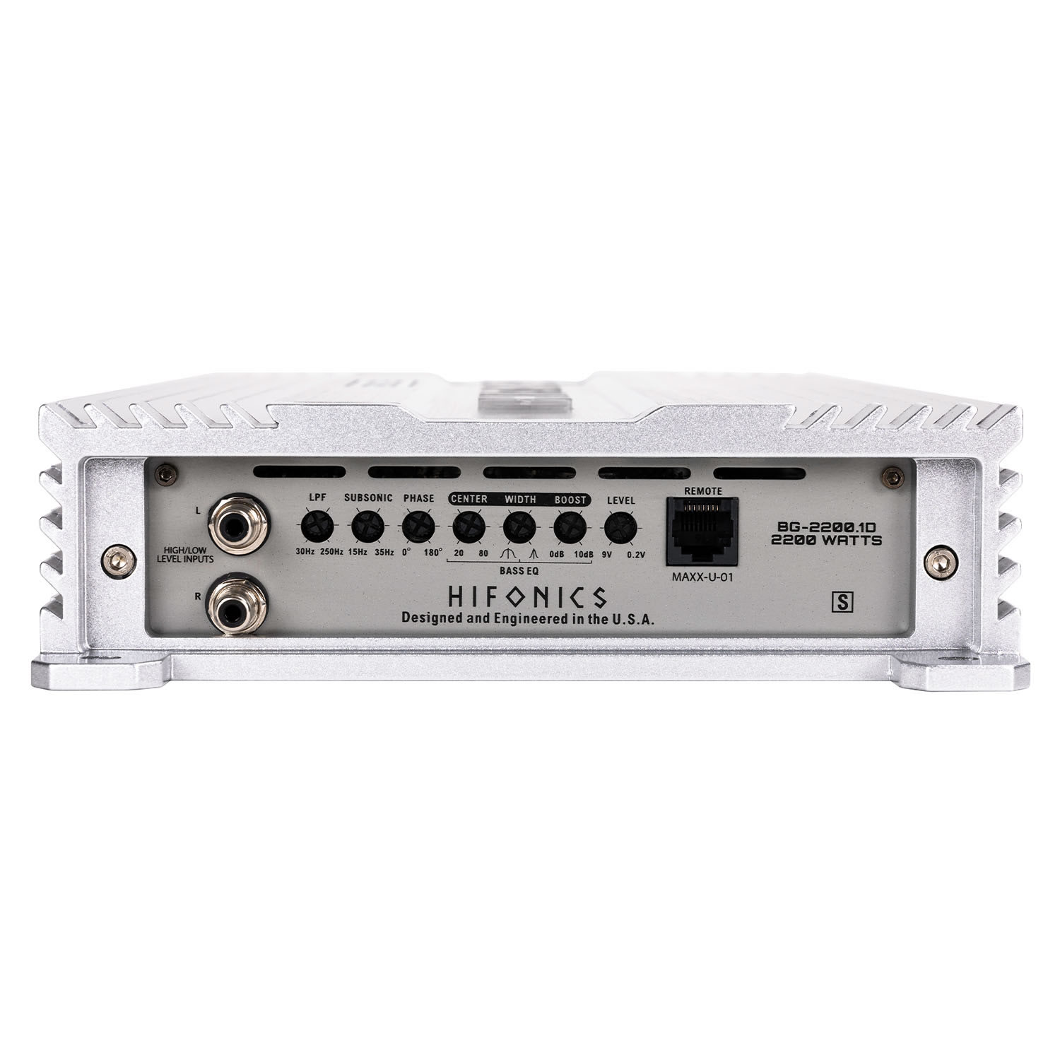 Hifonics BG-2200.1D amp input, gain, and terminal controls close-up