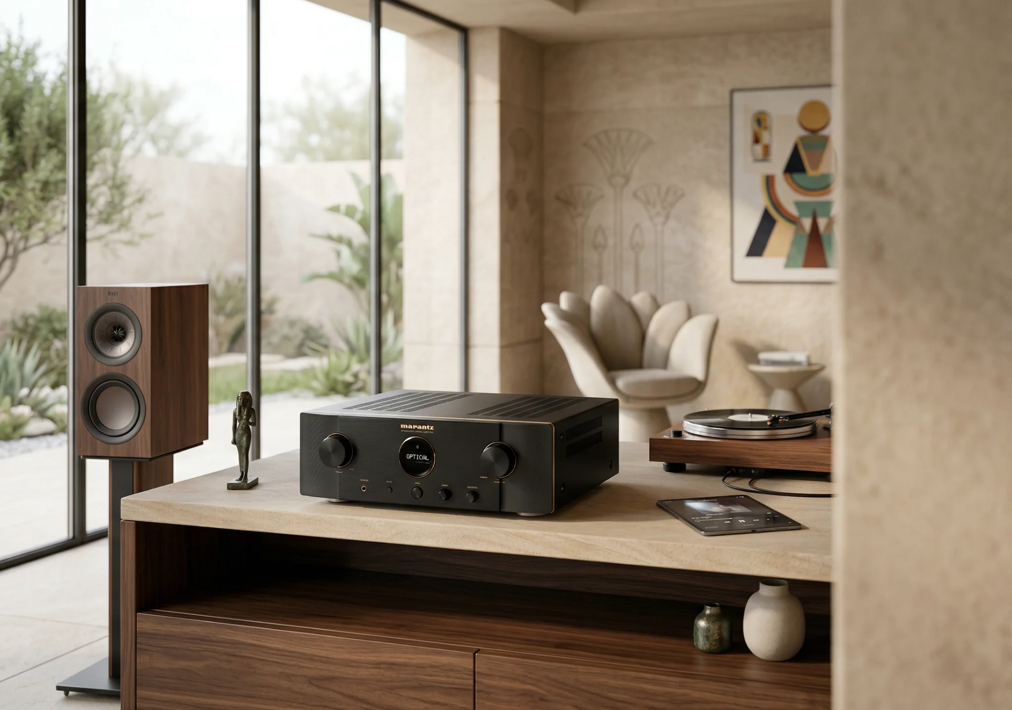 Marantz Model 40n review — premium streaming integrated amplifier in a luxury interior with bookshelf speakers and turntable