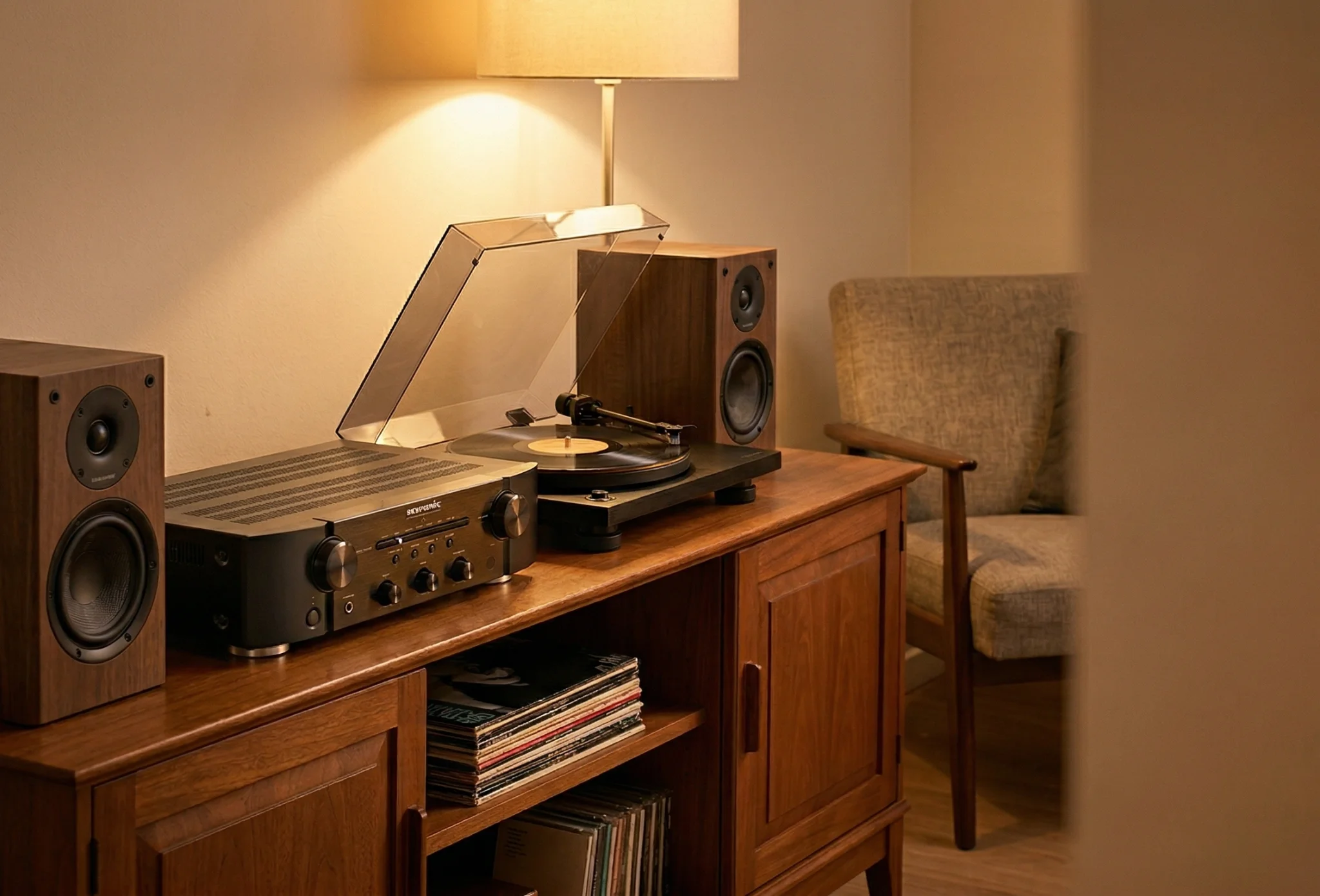 Marantz PM6007 review — warm analog integrated amplifier in a relaxed vinyl listening setup with bookshelf speakers and turntable