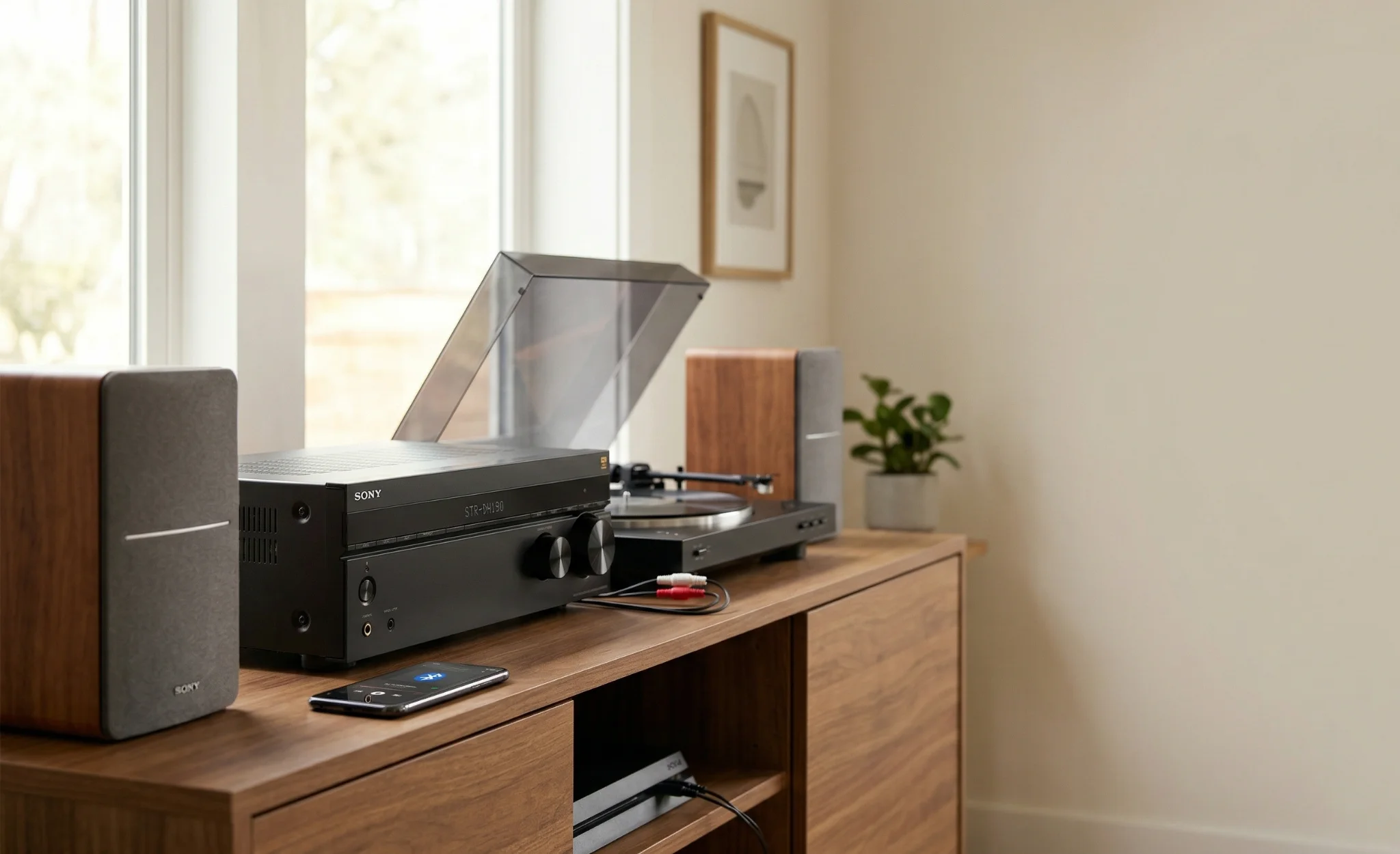 Sony STR-DH190 review — budget stereo receiver in a simple home audio setup with bookshelf speakers and turntable