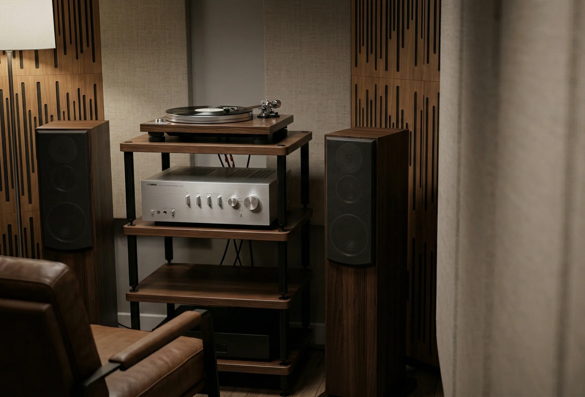 Yamaha A-S501 review — integrated amplifier driving floorstanding speakers in a dedicated listening room