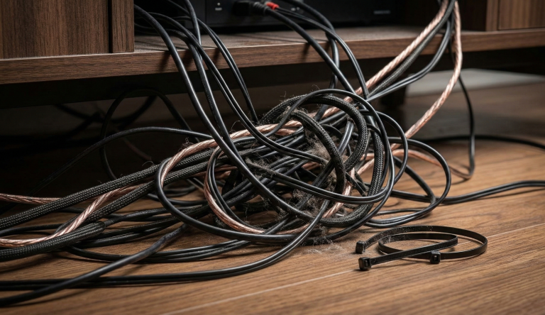 Tangled audio cables and speaker wires under a media console with unused cable ties and visible dust buildup