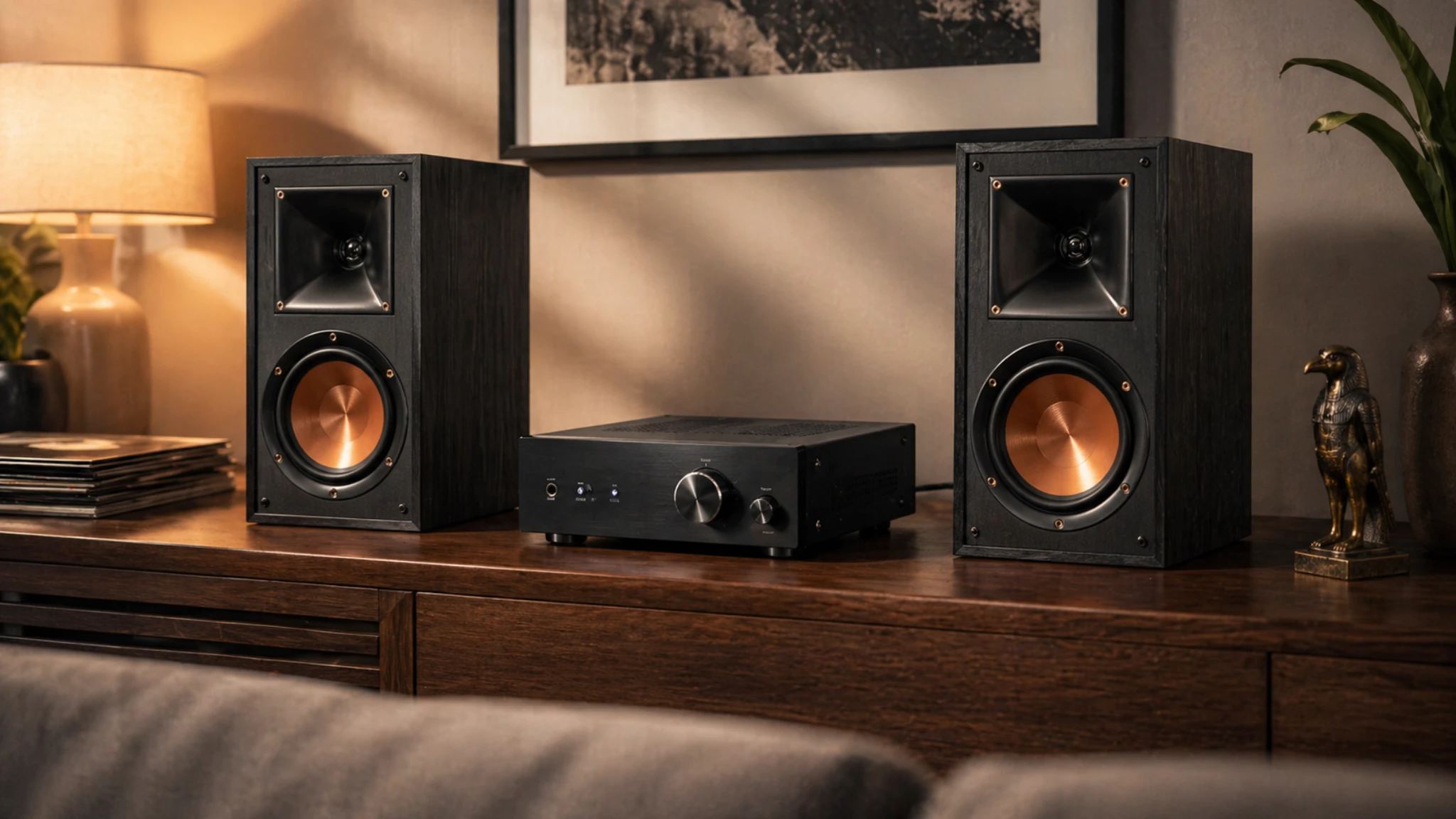 Premium Klipsch bookshelf speakers with compact amplifier in a modern living room setup with subtle Egyptian decor