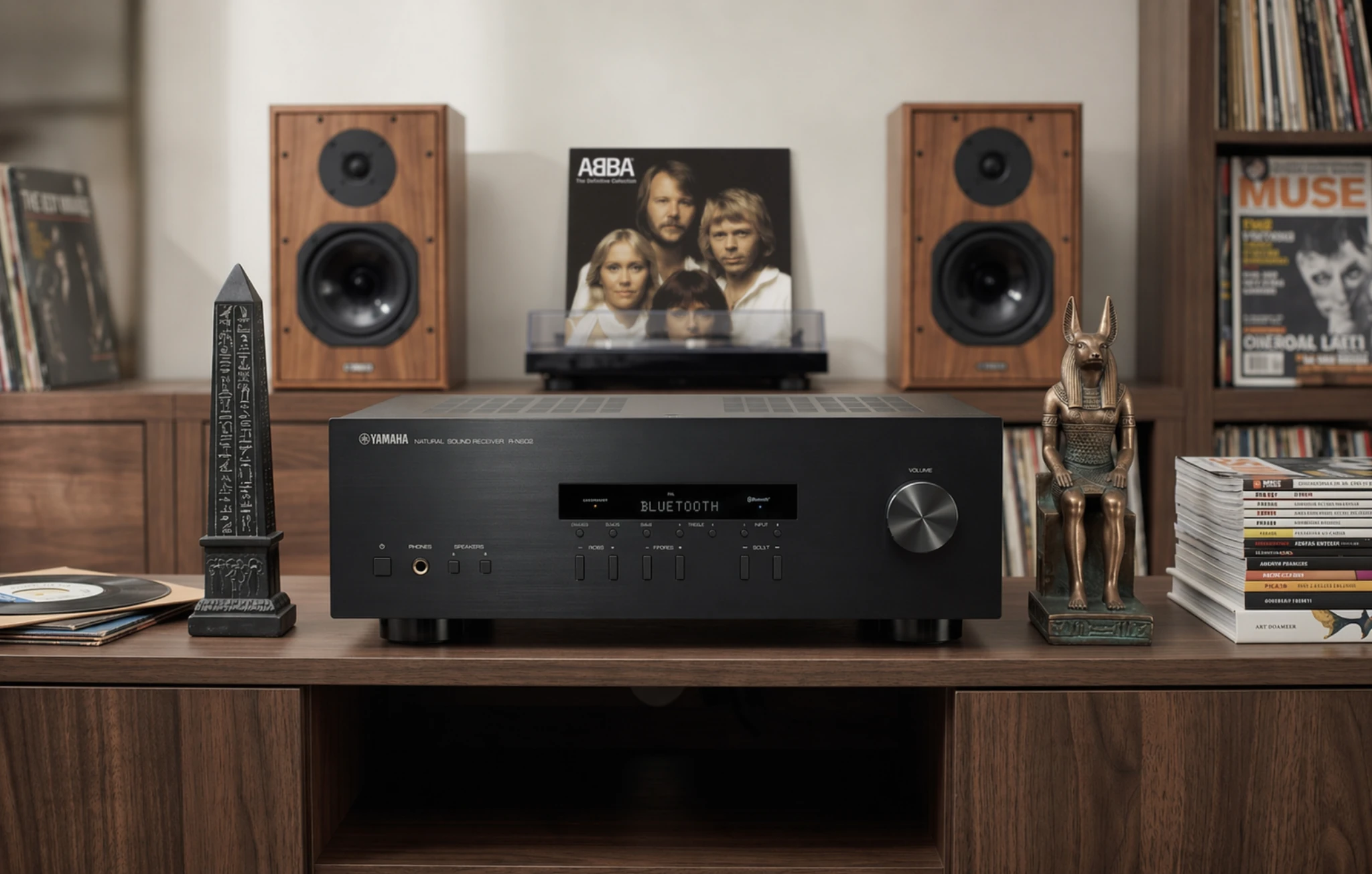 Yamaha R-S202BL stereo receiver in a living room home audio setup