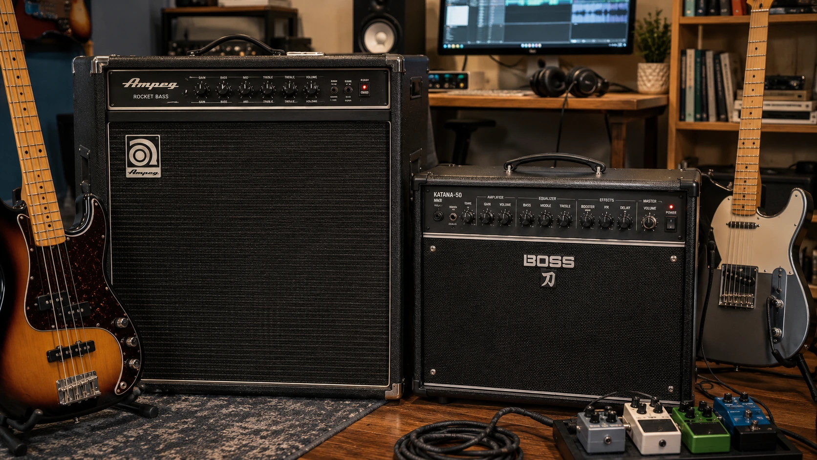 Bass amp vs guitar amp — a bass combo amp and a guitar combo amp side by side showing the physical and circuit differences between the two types