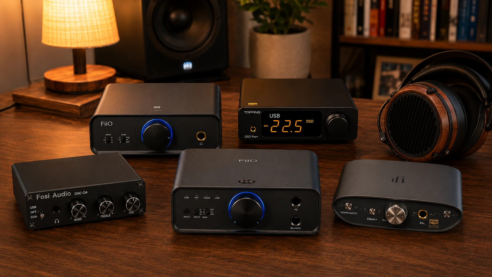 Best DAC amp combos under $250 — Fosi Audio Q4, FiiO K5 Pro ESS, Topping DX3 Pro+, FiiO K7, and iFi Zen DAC 3 on a desktop listening setup