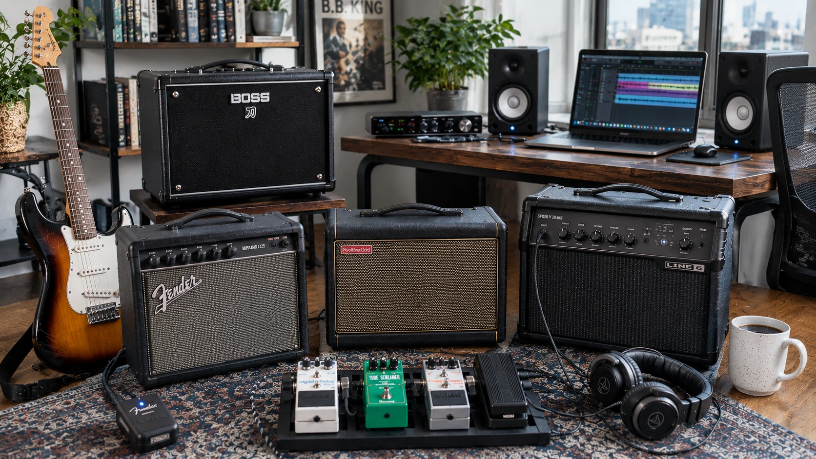 Best guitar amp for recording — Fender Mustang LT25, Positive Grid Spark 40, Boss Katana-50 Gen 3, and Line 6 Spider V 20 MkII in a bright daytime home studio recording setup