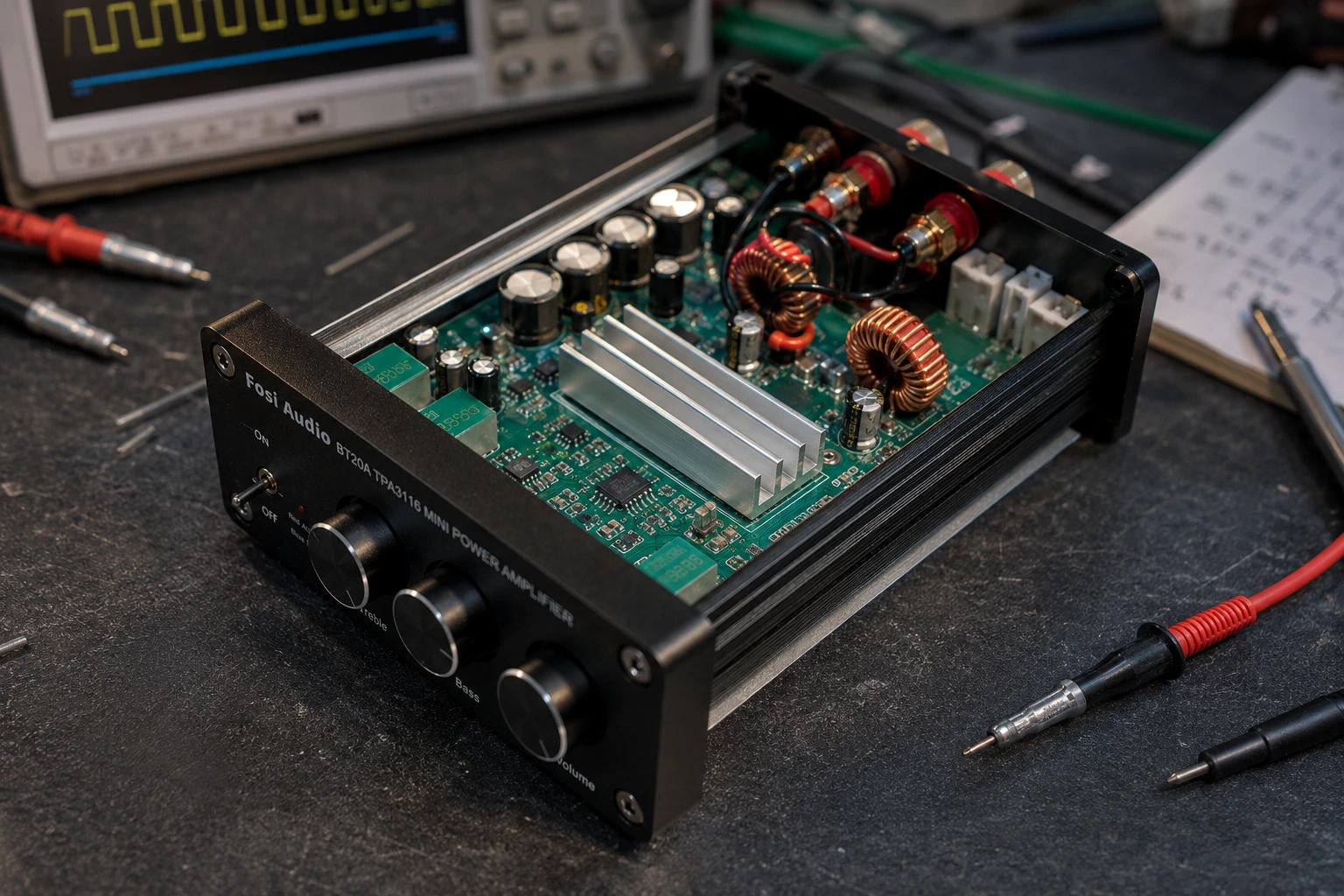 Macro close-up of a modern Class D amplifier circuit board showing switching transistors, capacitors, heatsinks, and PWM amplifier components on an electronics workbench