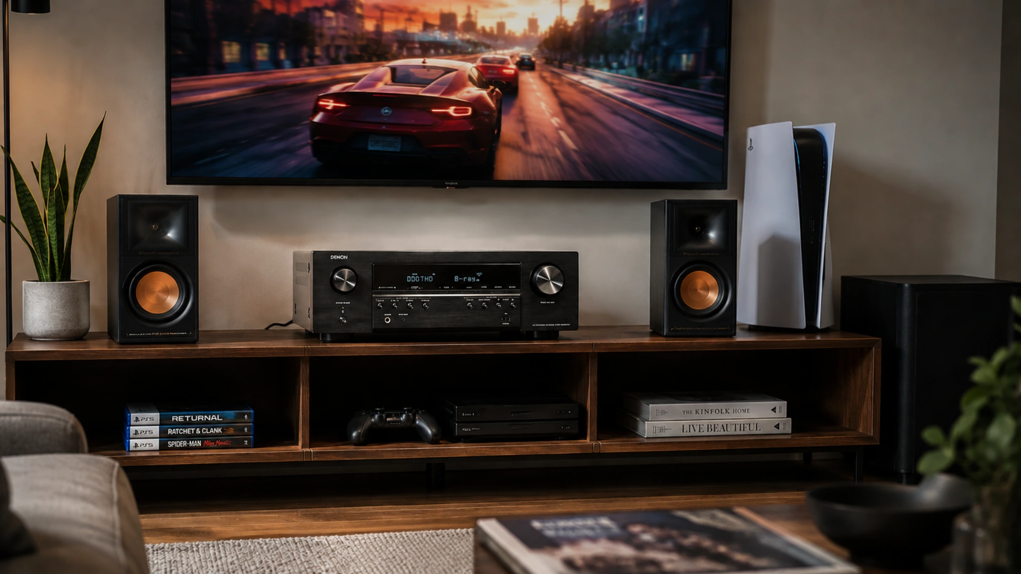 Denon AVR-S570BT review — gaming AV receiver in a modern home theater setup with Klipsch speakers, PS5 console, and 4K TV connected via HDMI 2.1