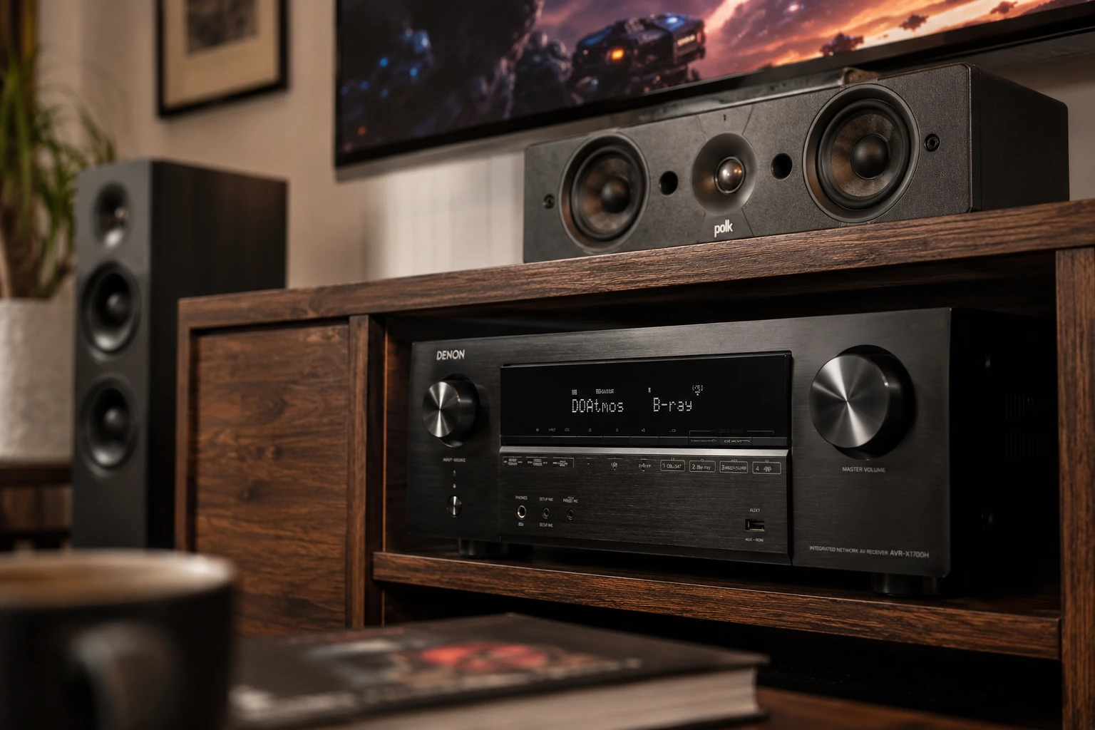 Denon AVR-X1700H review — Dolby Atmos AV receiver in a premium home theater setup with ceiling speakers and cinematic TV lighting