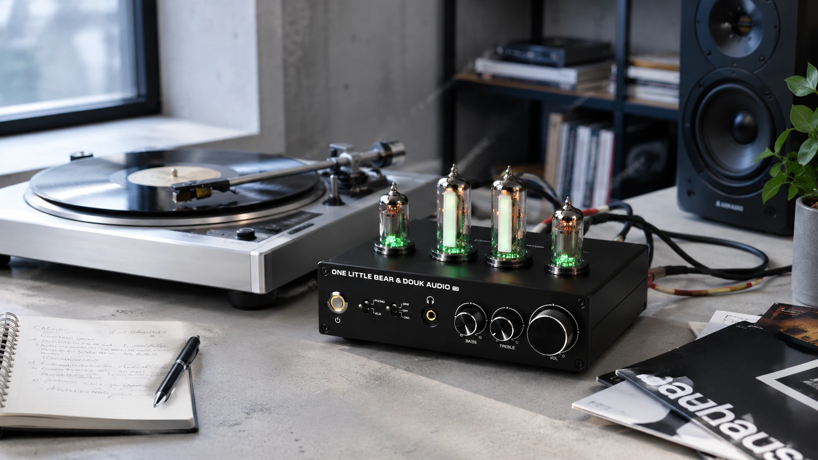 Douk Audio T9 vacuum tube phono preamp in a modern loft vinyl listening setup with silver turntable and glowing tubes