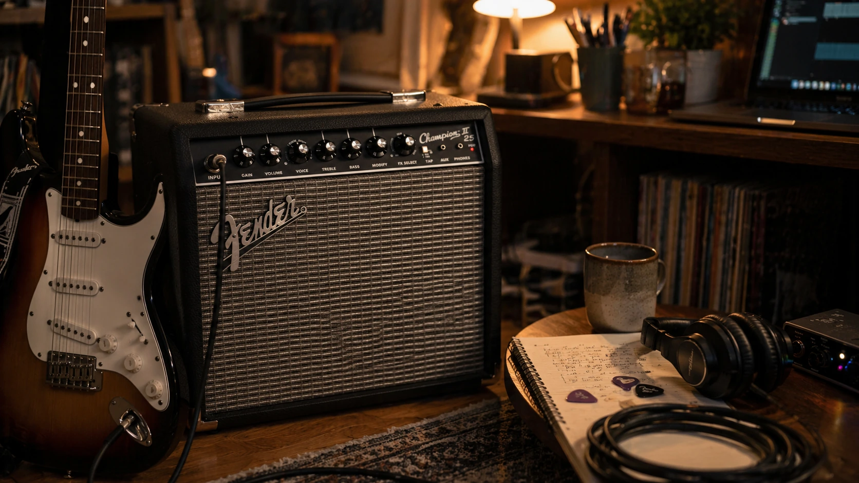 Fender Champion II 25 combo amp in a cozy apartment music setup beside a Strat-style electric guitar and headphones