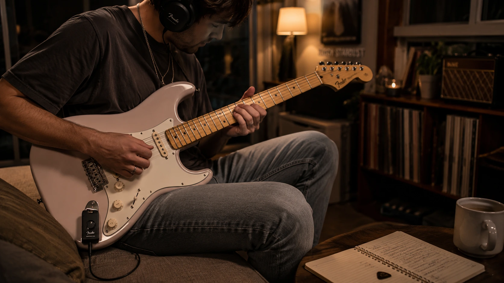 Fender Mustang Micro silent headphone amp plugged into a Strat-style electric guitar during late-night apartment practice
