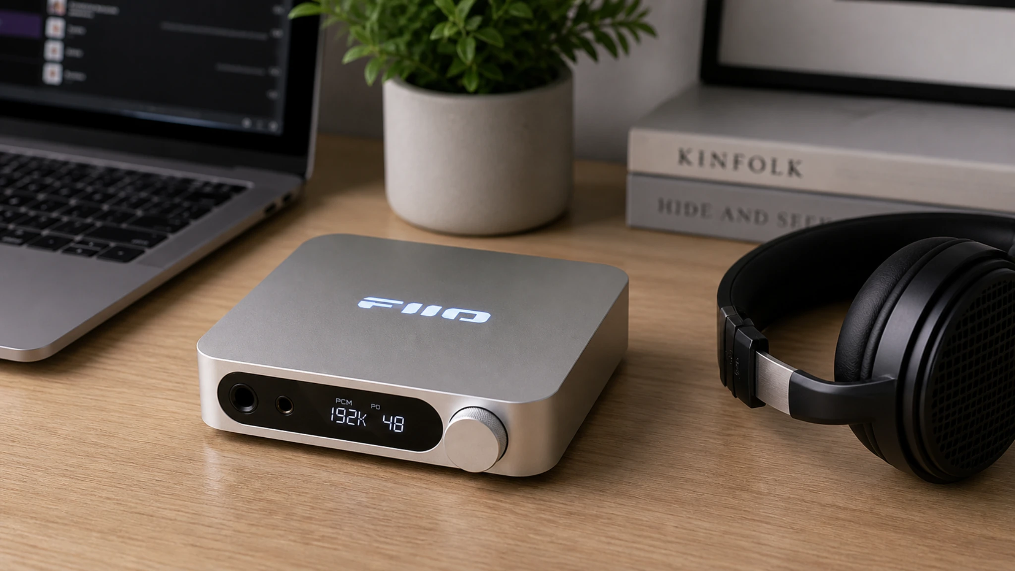 FiiO K11 desktop DAC and headphone amplifier on a clean wood desk setup with headphones and laptop