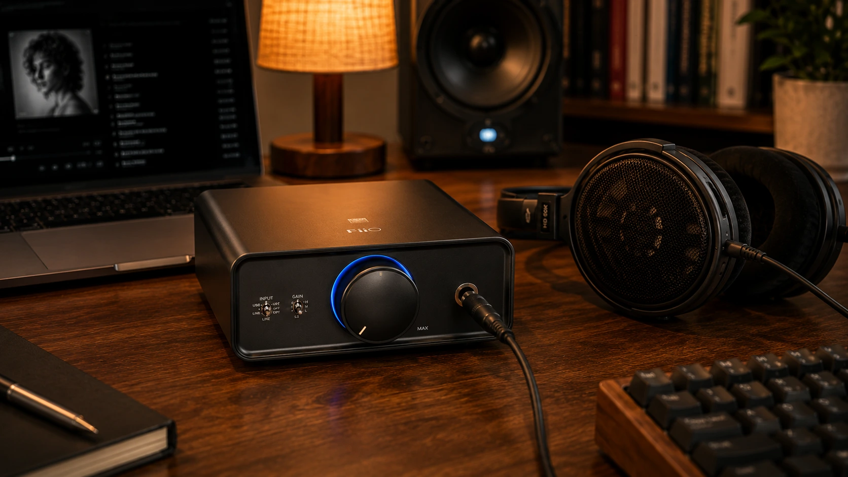 FiiO K5 Pro ESS desktop DAC headphone amplifier on a home audio desk with full-size over-ear headphones and dedicated power supply